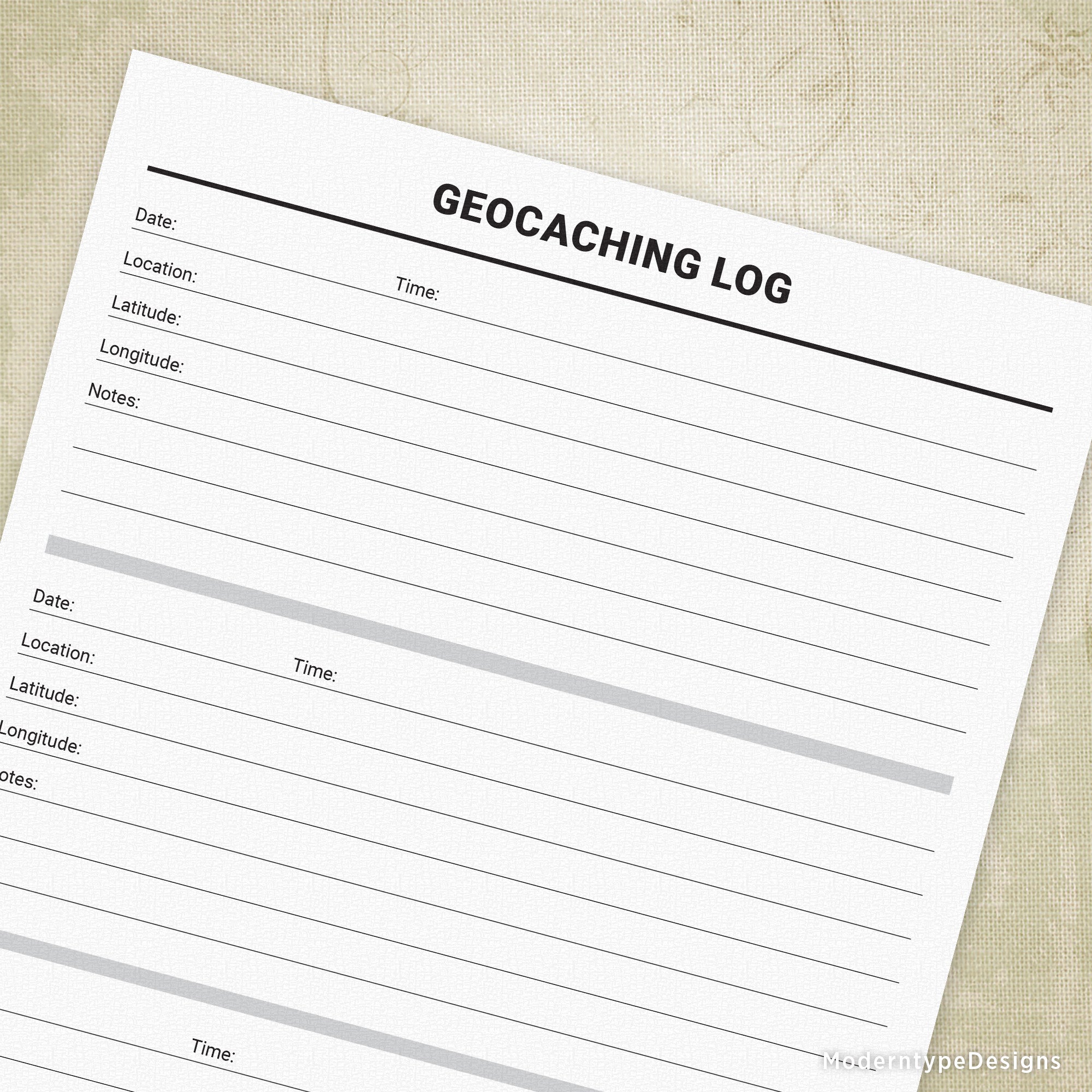 A printable geocaching log template on a paper with date, location, time, and a list of items to mark down.