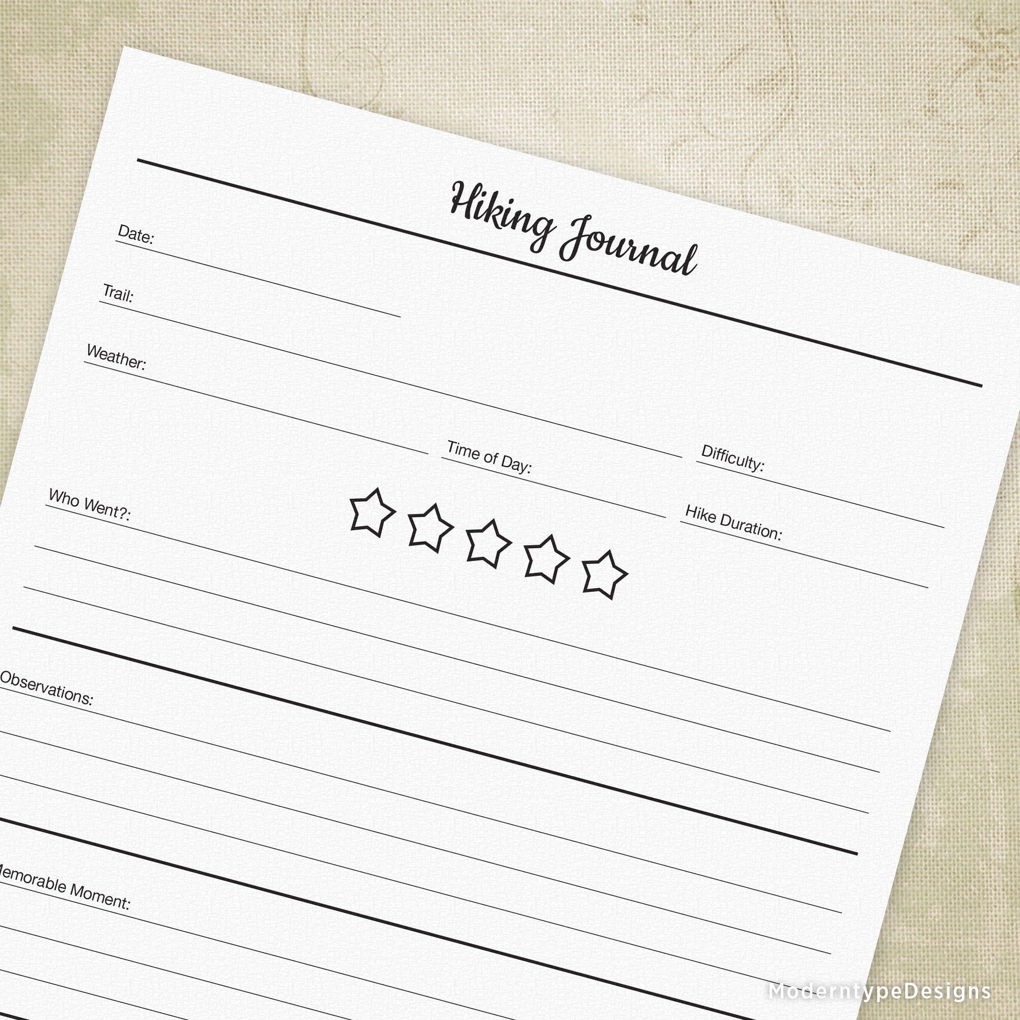 A printed page titled 'Hiking Journal' with sections for date, weather, trail name, difficulty rating, and observations,留白Margins are visible on the sides of the page.