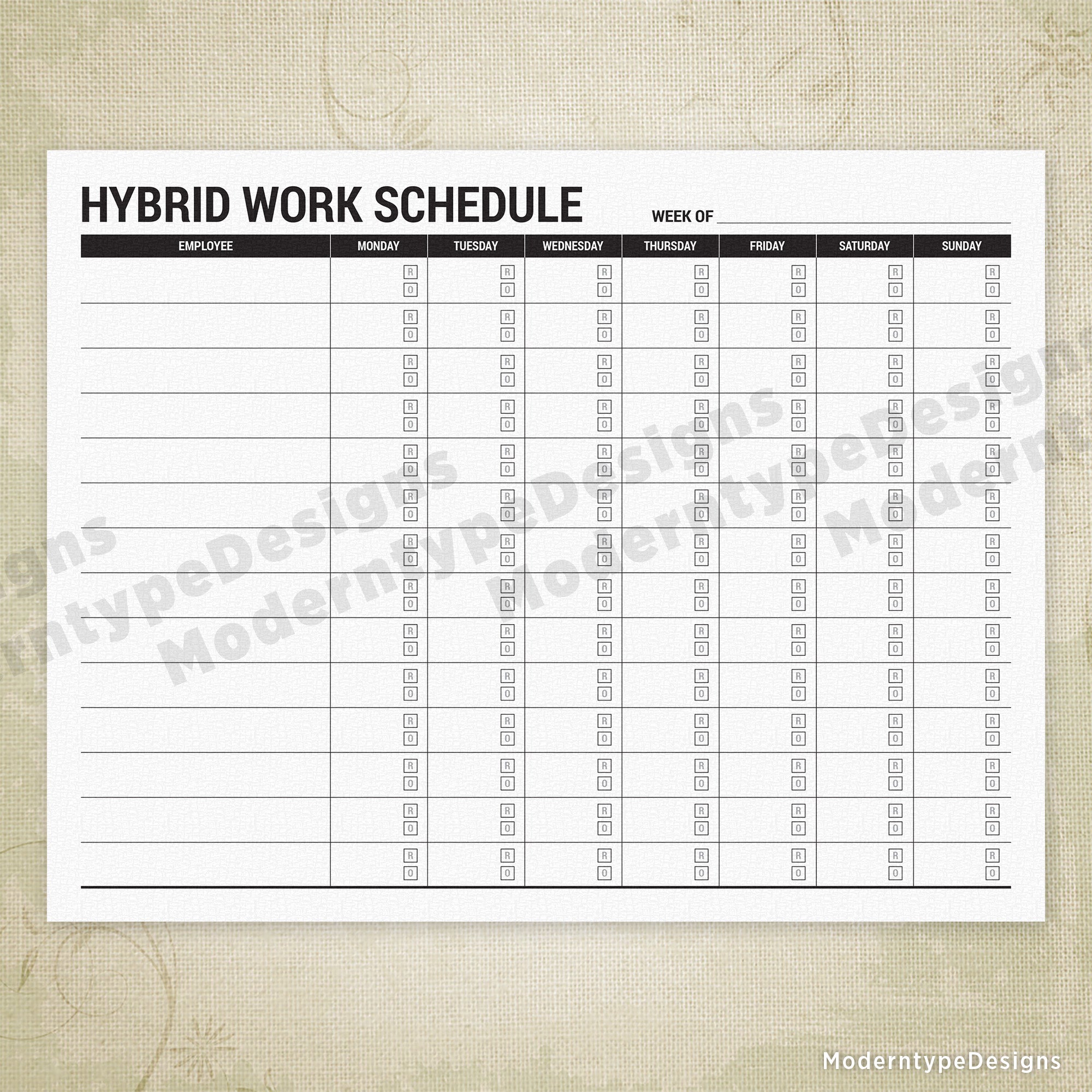 Employee Hybrid Work Schedule Printable Form (Monday - Sunday)