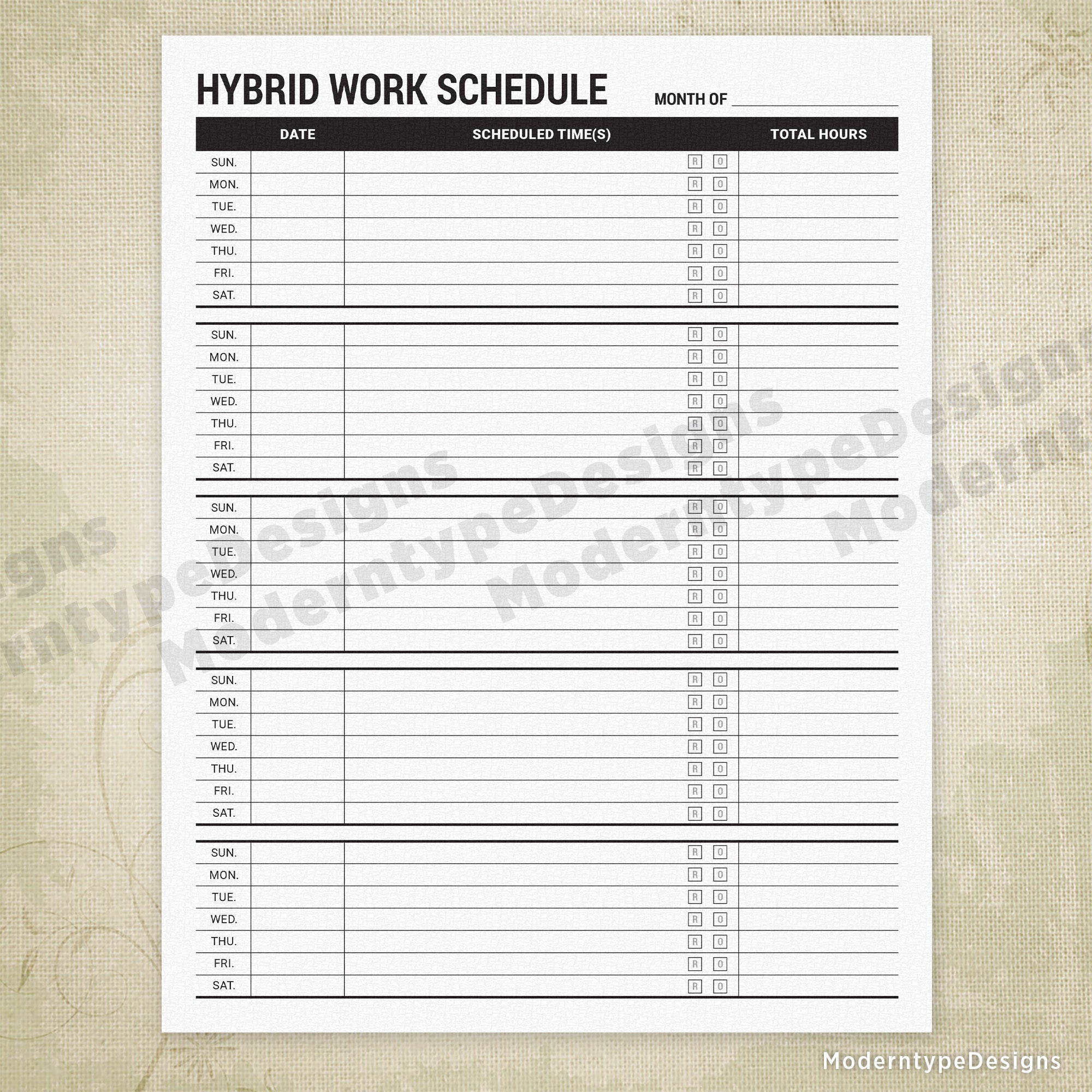 Employee Hybrid Work Schedule Printable Form (Sunday - Saturday)