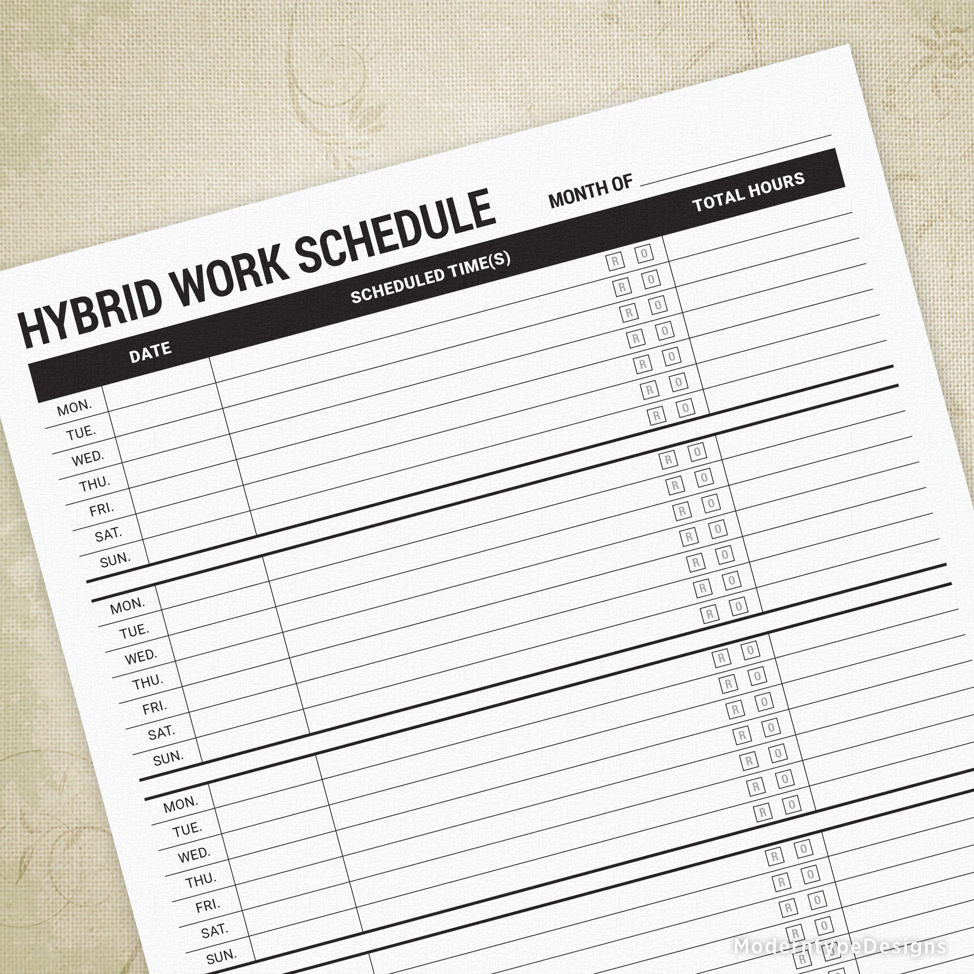 A printable hybrid work schedule form with days of the week from Monday to Sunday and spaces for marking attendance 'R' for remote or 'O' for office.
