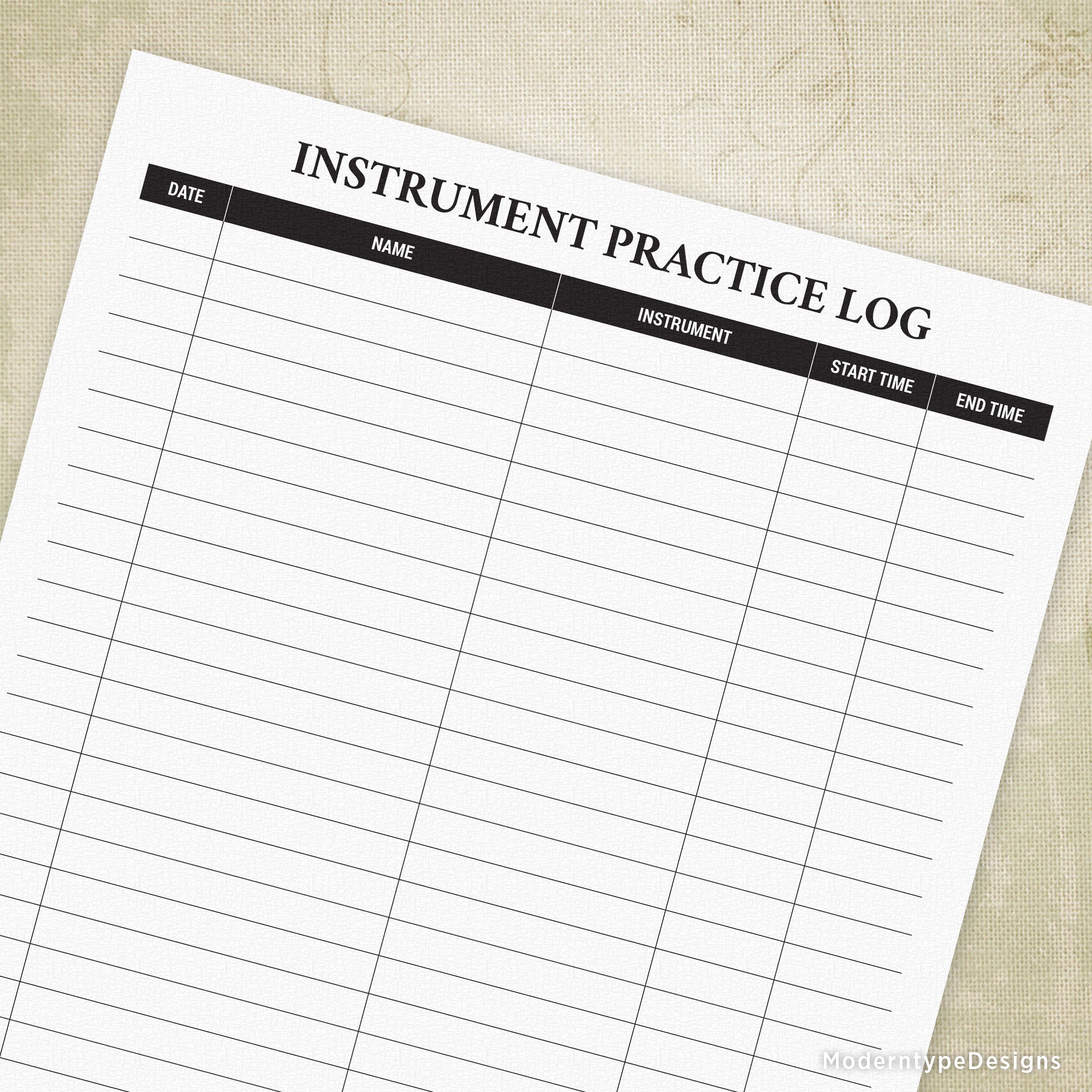 A printable instrument practice log on a white background with black text, featuring sections for date, name, instrument, and time.