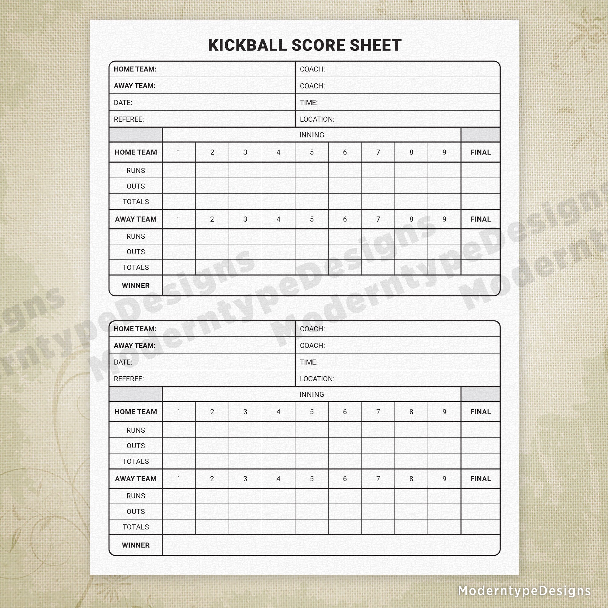 Track every inning with precision using this comprehensive Kickball Scoring Sheet Printable PDF. Designed for coaches and league organizers, this printable template accommodates two complete games on a single document, streamlining record-keeping and eliminating the need for multiple sheets.