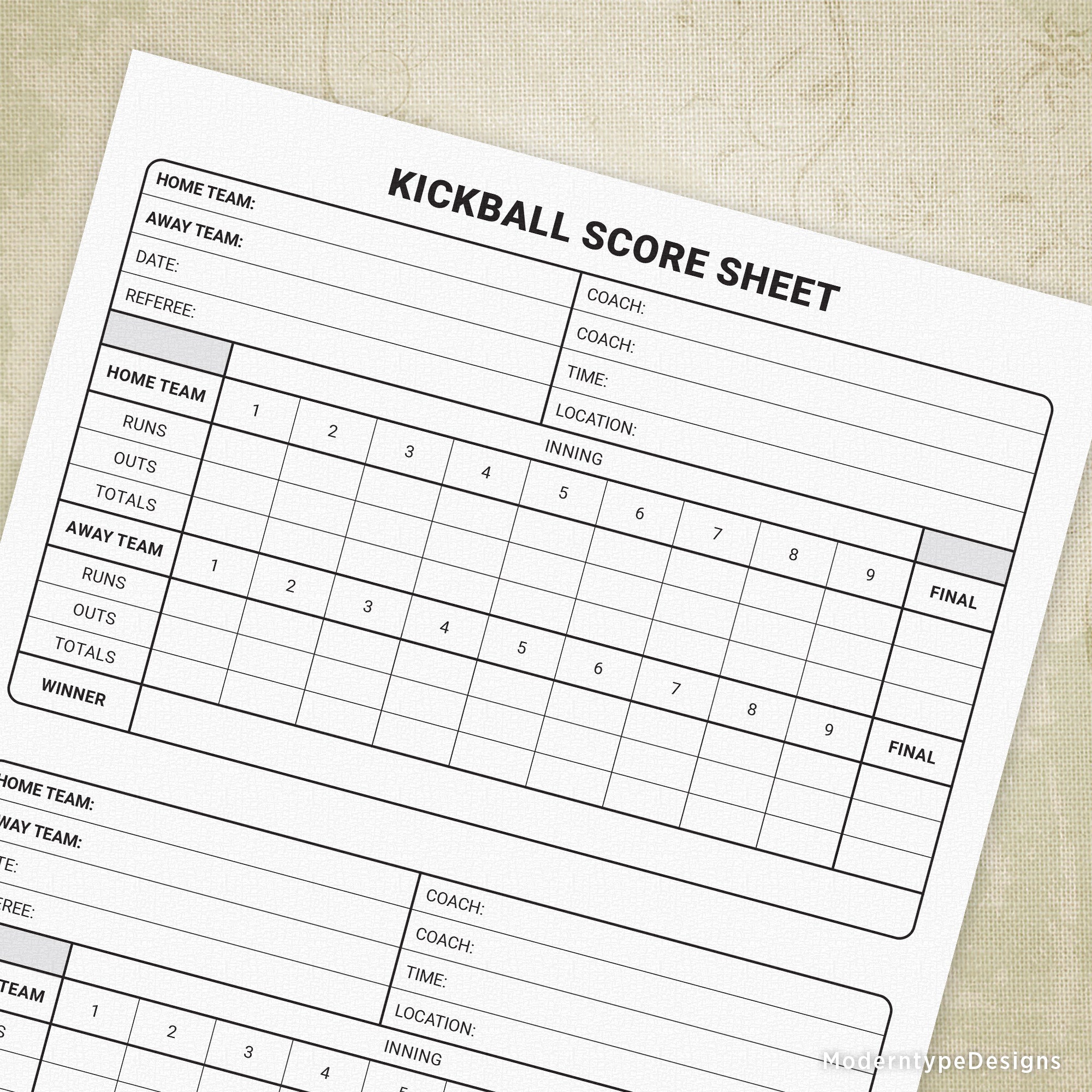 Track every inning with precision using this comprehensive Kickball Scoring Sheet Printable PDF. Designed for coaches and league organizers, this printable template accommodates two complete games on a single document, streamlining record-keeping and eliminating the need for multiple sheets.
