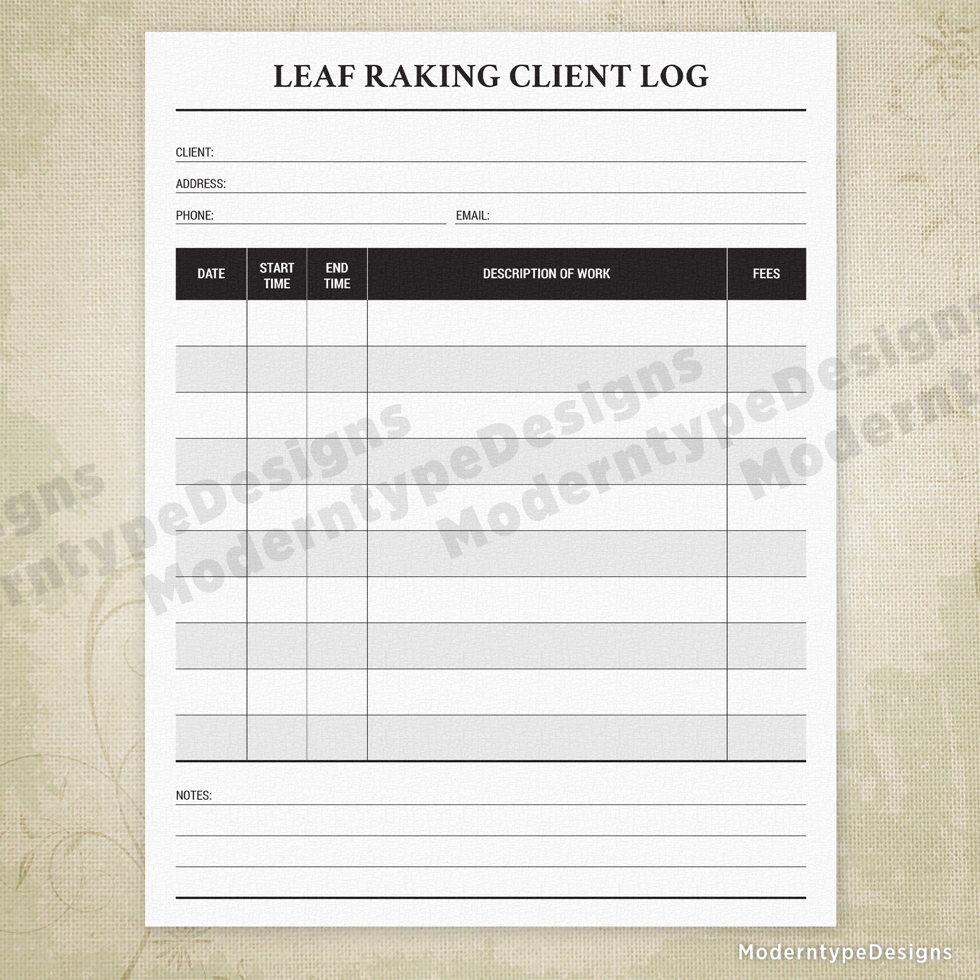 Leaf Raking Client Log Printable