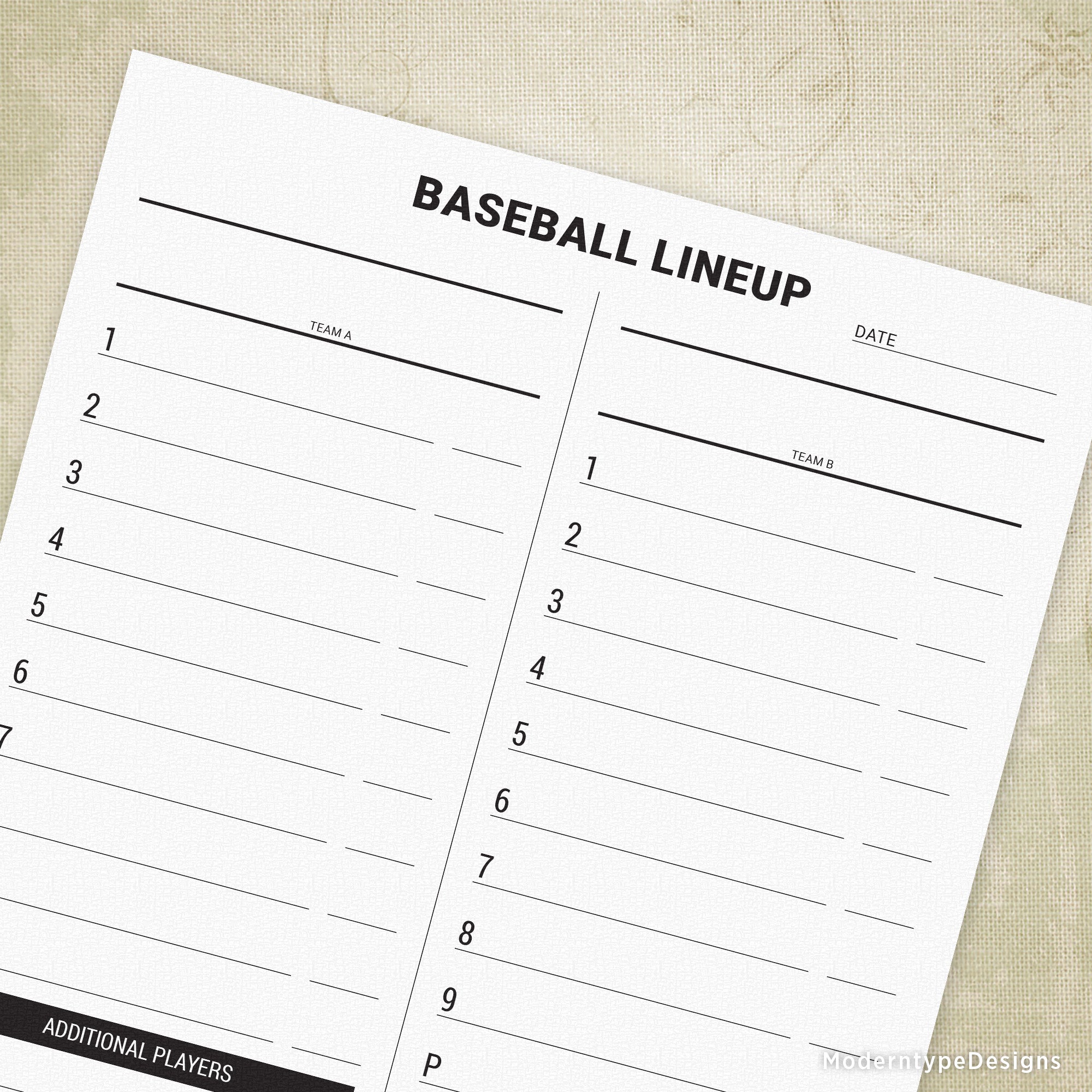 This is a Printable Baseball Lineup Card PDF Form. Write out the batting order for the home and away teams!