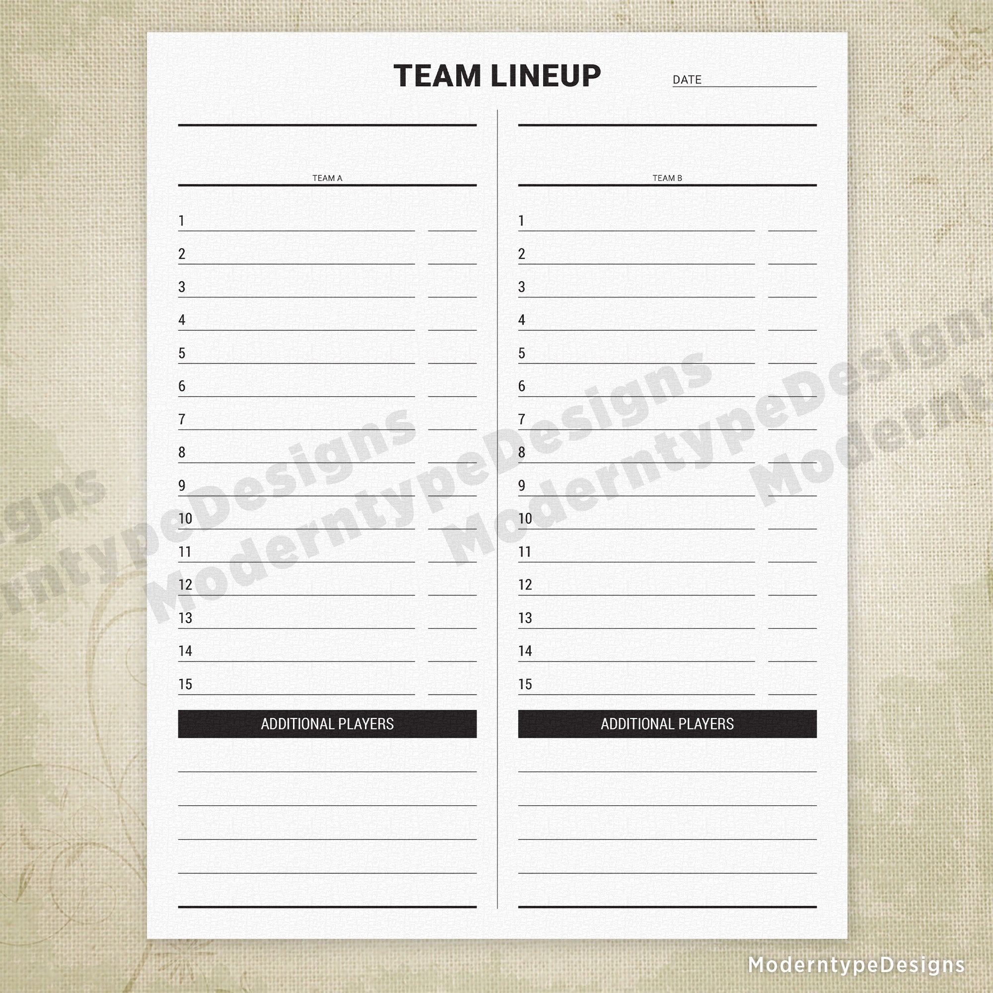 Organize your roster with precision using this customizable Team Lineup List Printable PDF. Designed for coaches and team managers, this template accommodates up to 15 players with dedicated spaces for names and positions or numbers. Additional lines for alternates ensure your complete squad is documented and ready for game day.