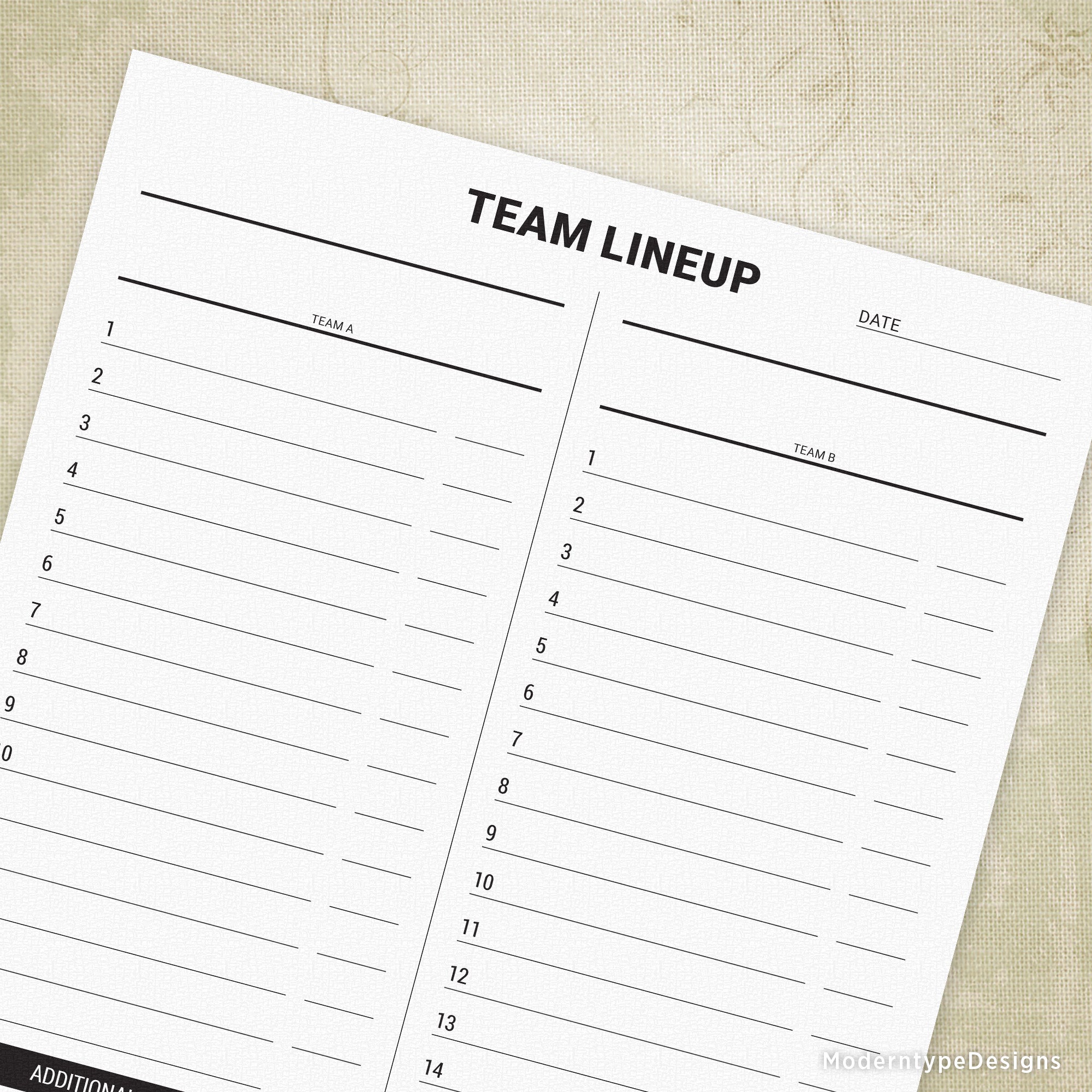 Organize your roster with precision using this customizable Team Lineup List Printable PDF. Designed for coaches and team managers, this template accommodates up to 15 players with dedicated spaces for names and positions or numbers. Additional lines for alternates ensure your complete squad is documented and ready for game day.