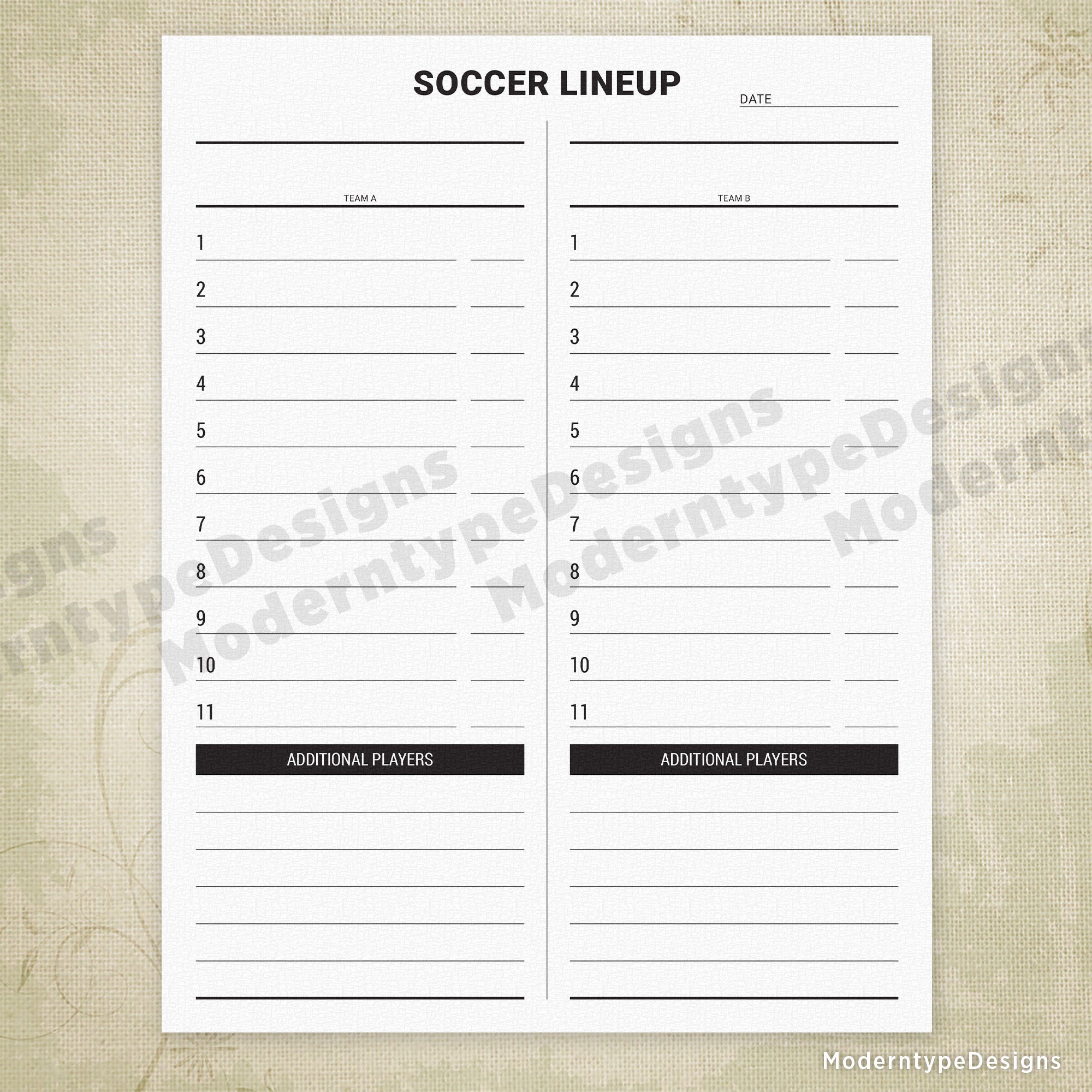 Take command of match day with this professional Soccer Lineup List Printable PDF. Built for coaches managing competitive teams, it features dedicated spaces for 11 starting players per side and a full alternates section. This PDF cannot be edited. It is for printing only.