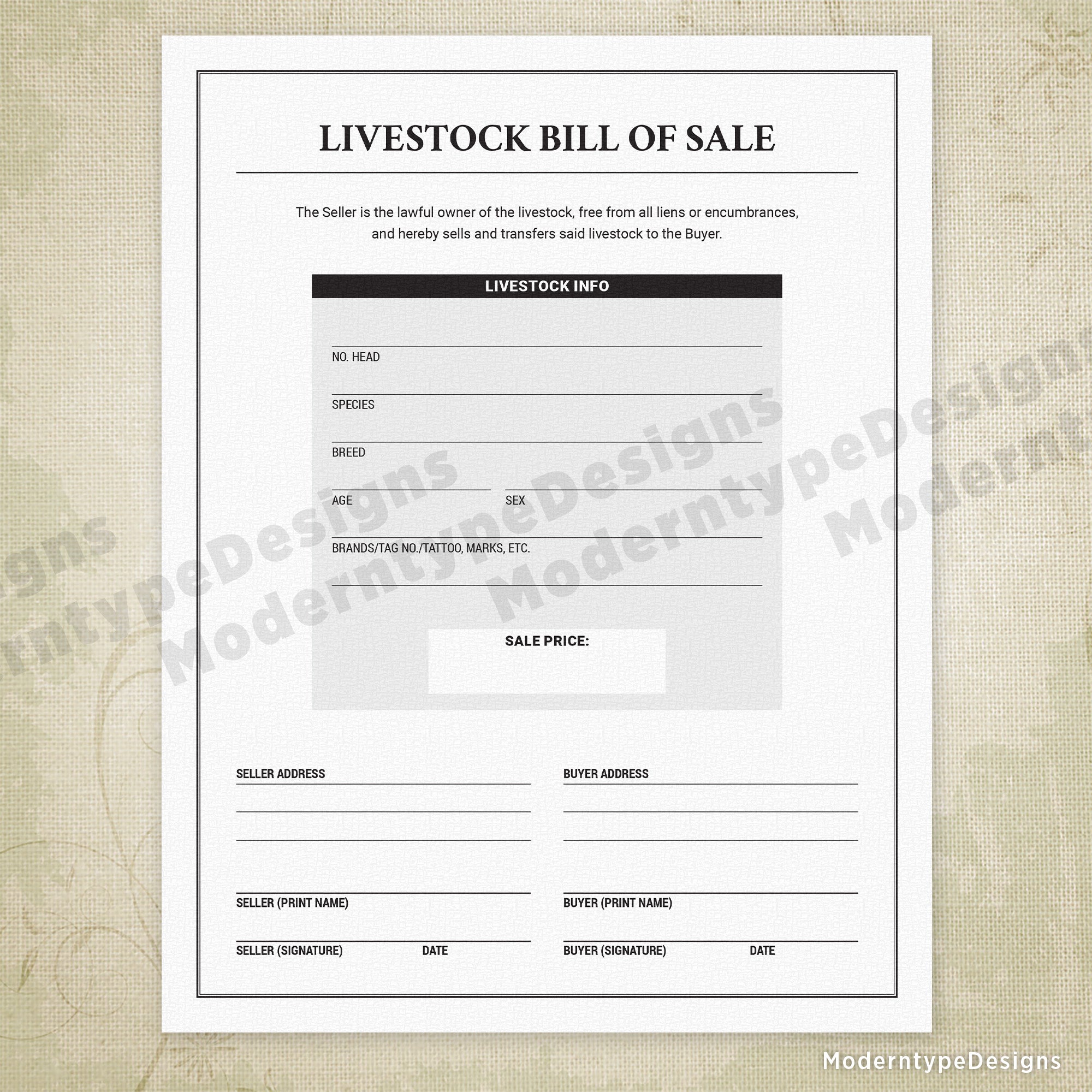 Ensure clear and professional transactions with our Livestock Bill of Sale Printable PDF. Designed for farmers and livestock sellers, this document serves as a reliable proof of purchase, detailing essential information for ownership transfer.