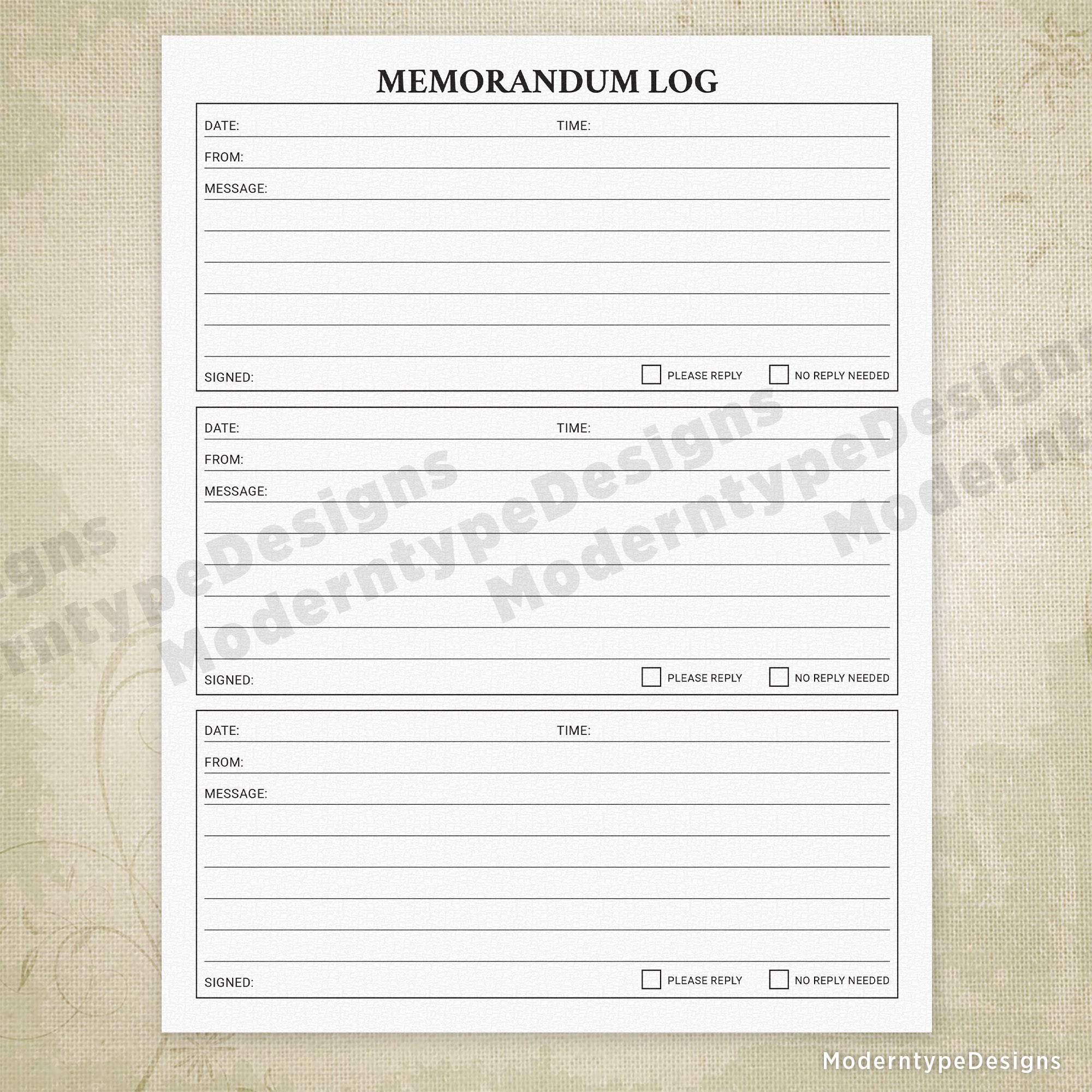 Memorandum Log Printable