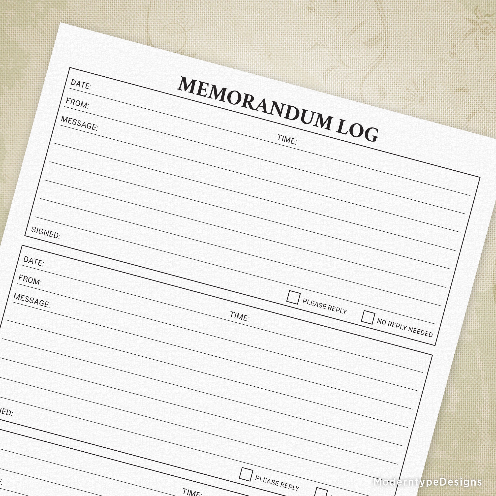 Keep track of all internal company calls efficiently with the Memorandum Log Printable PDF. Designed for quick and clear documentation, this log helps your team record caller details consistently and accurately.