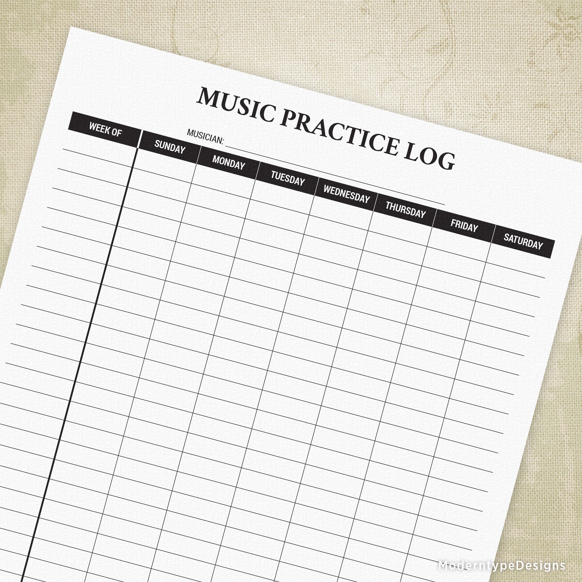 A printable music practice log sheet with days of the week, a space for name, and areas to write in the details of each practice session.