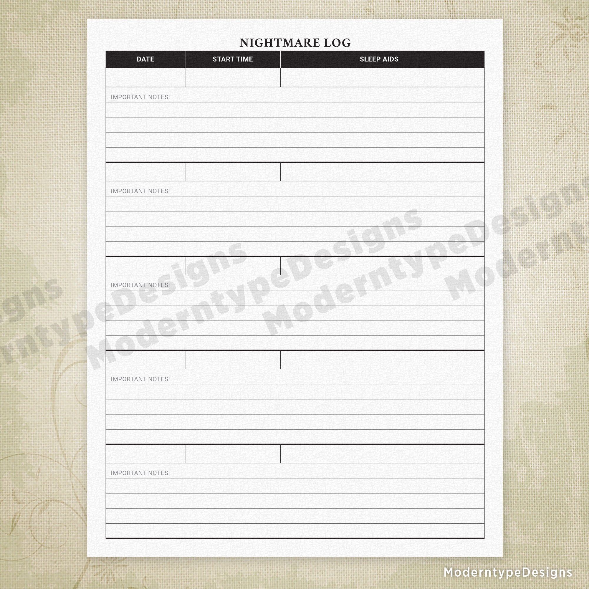 Nightmare Log Printable