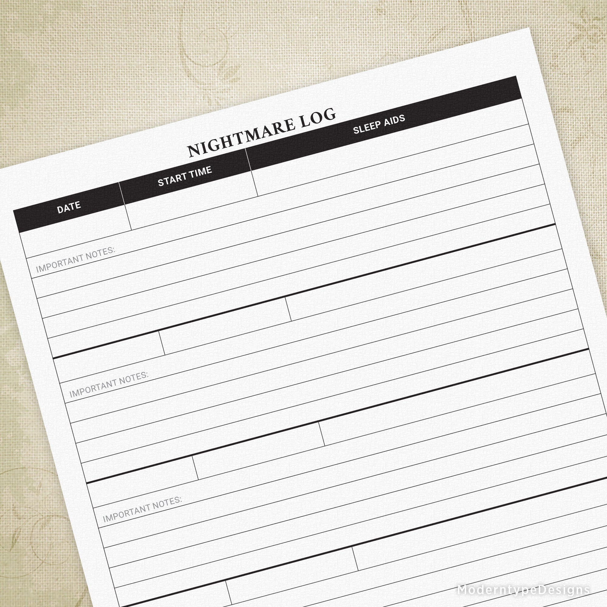 A printable Nightmare Log PDF with sections for date, time, sleep aid usage, and important notes, designed for tracking sleep patterns.