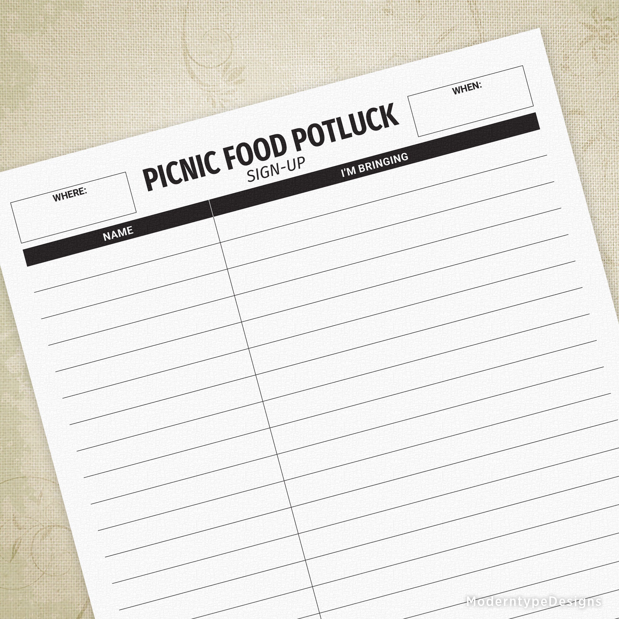 Organize your next gathering with this practical Picnic Food Potluck Sign-up Sheet Printable PDF designed specifically for potluck-style picnics. This ready-to-use template streamlines the coordination process, allowing guests to easily indicate which dishes they'll contribute. Perfect for outdoor events, community gatherings, or casual get-togethers, it eliminates confusion about duplicate items and ensures a balanced menu.