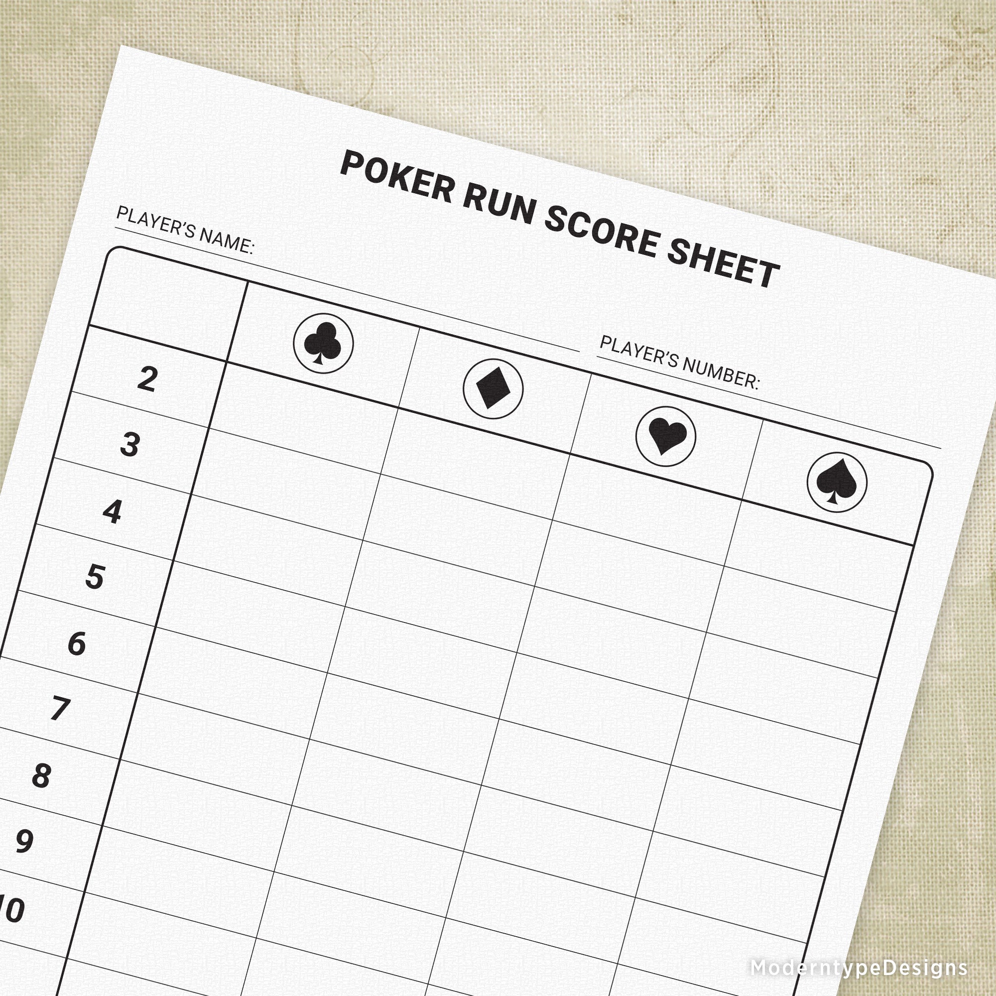 A printable Poker Run Score Sheet with areas for player names, numbers, and game details.
