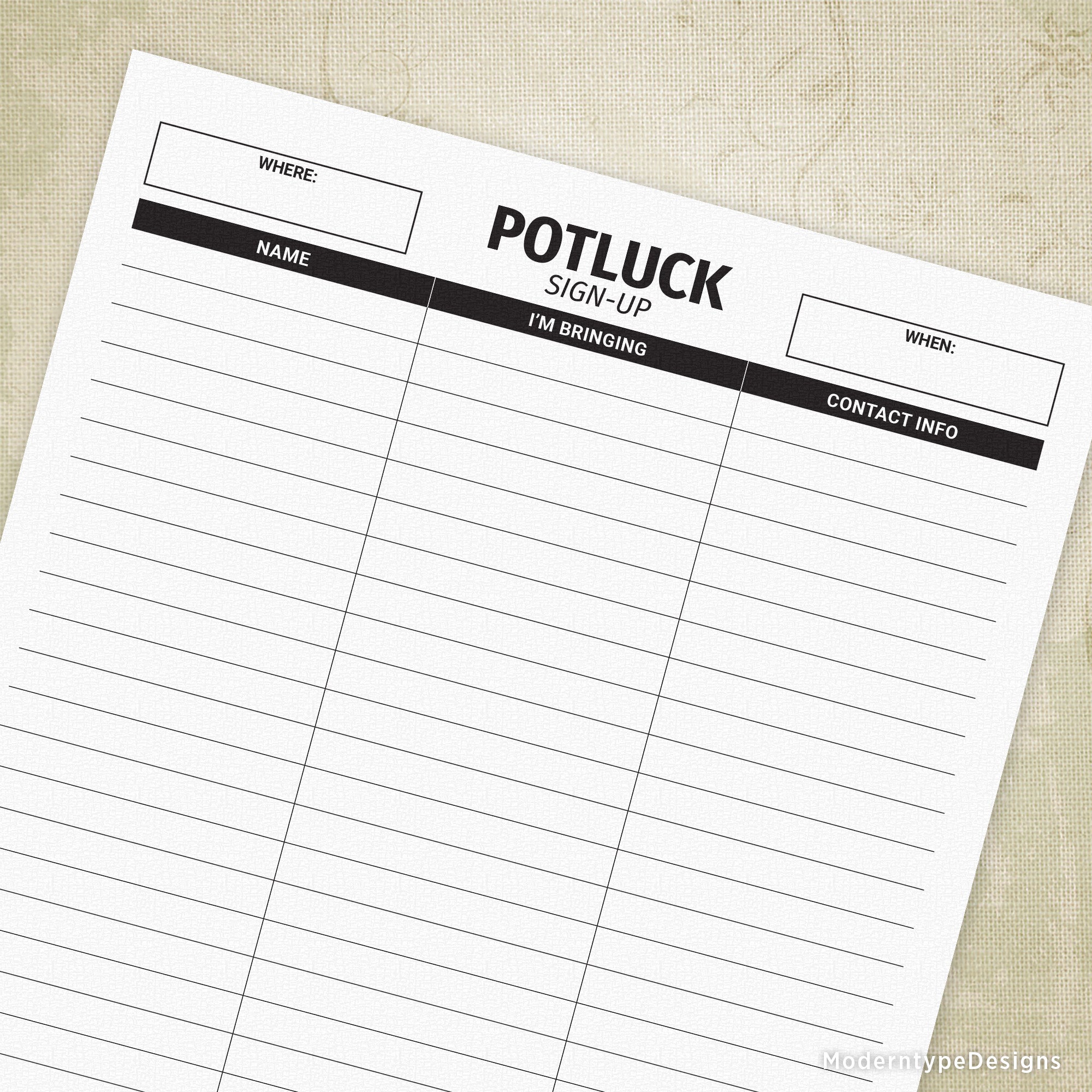 This is a Potluck Sign Up Sheet Printable PDF Form. Great to keep track of who is making what at your next dinner event.