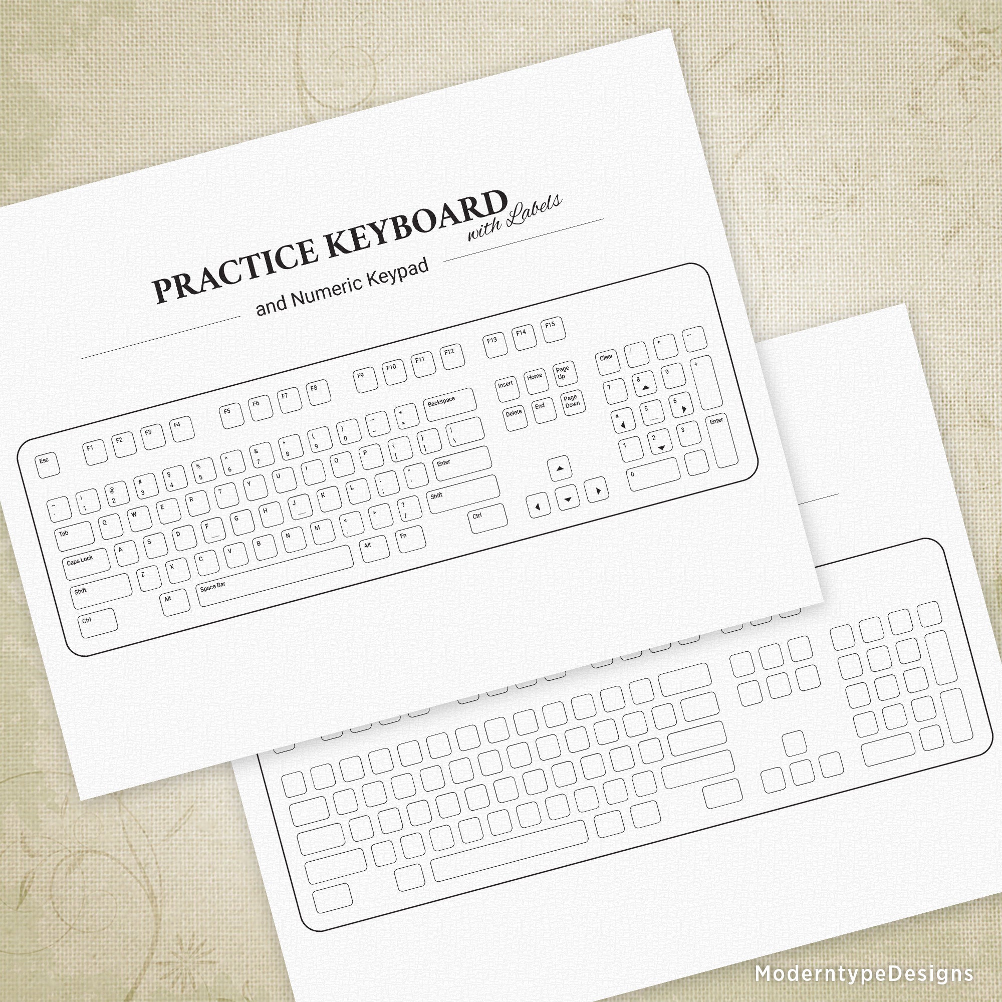 Two pages of a printable keyboard practice set, one with key labels and one blank, on a beige background.