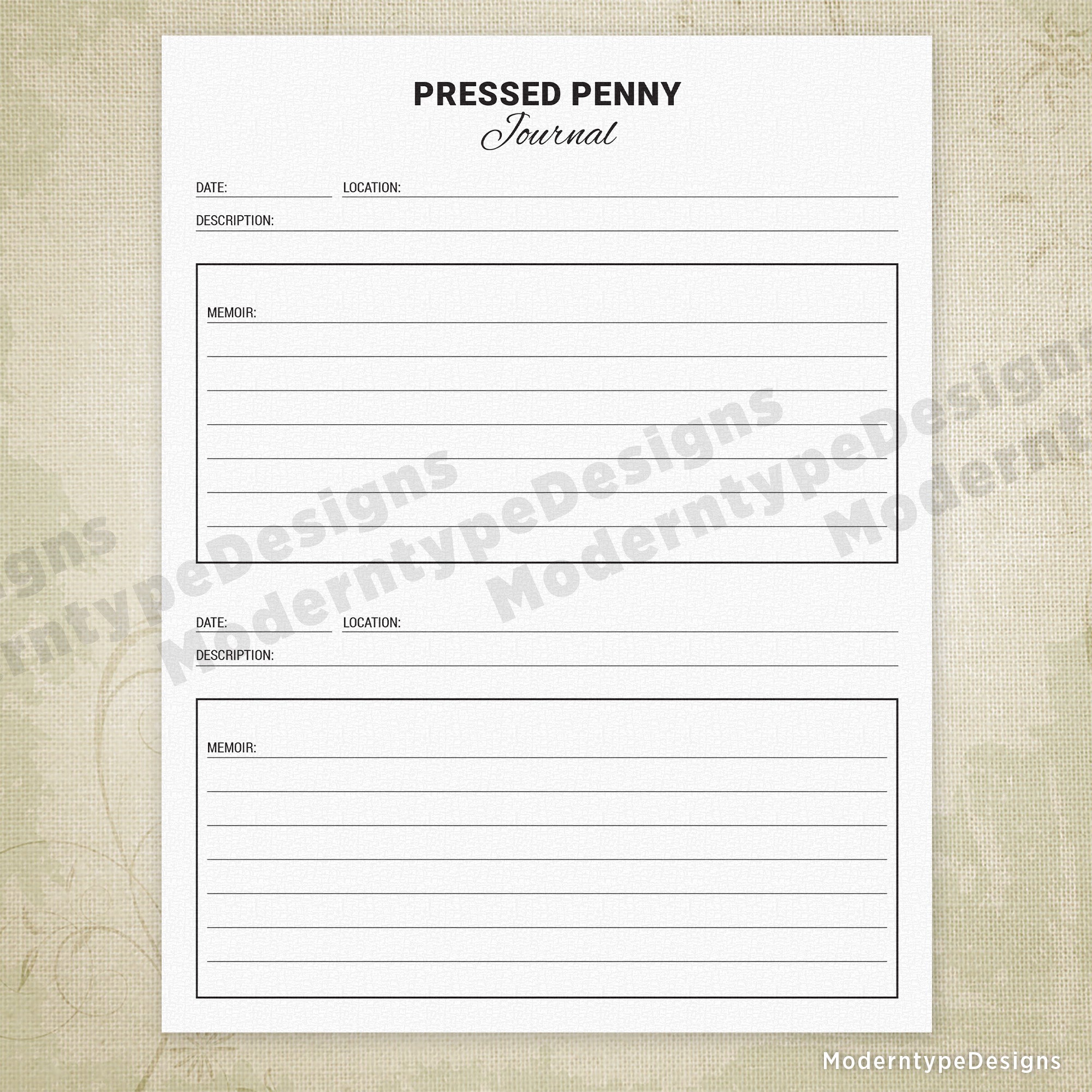Pressed Penny Journal Printable, 2 Entries