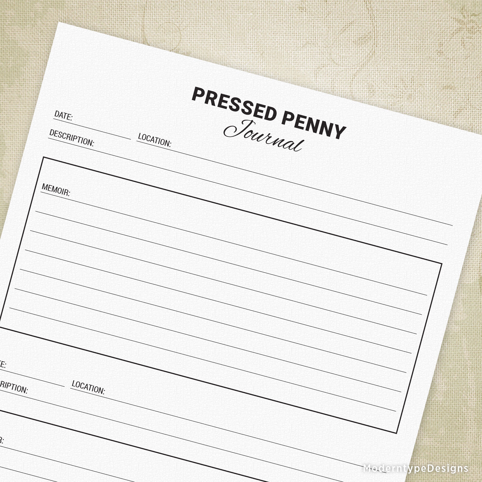 A printed sheet labeled 'PRESSED PENNY Journal' with spaces for date, description, location, and memories, designed for recording information about pressed pennies.