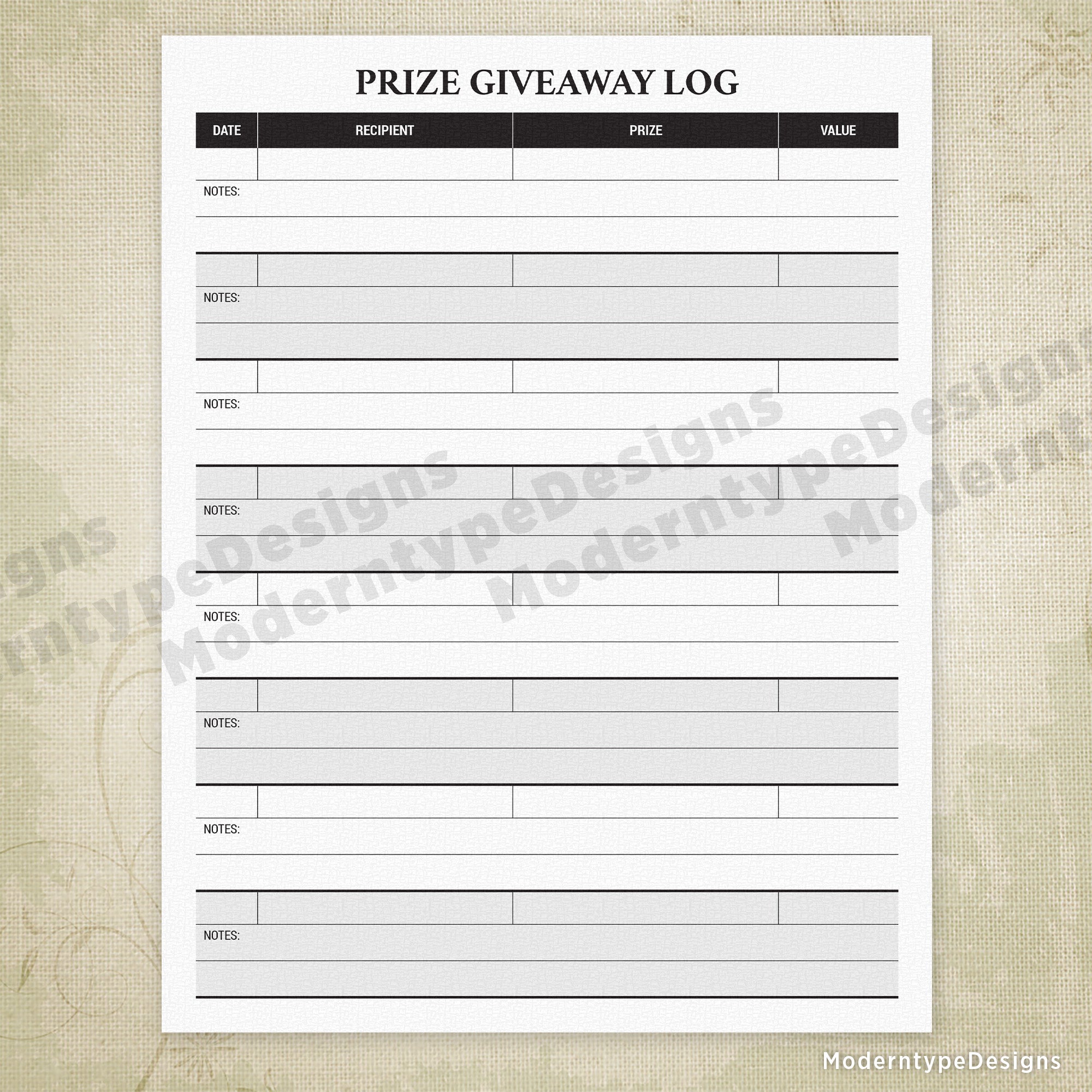 Prize Giveaway Log Printable