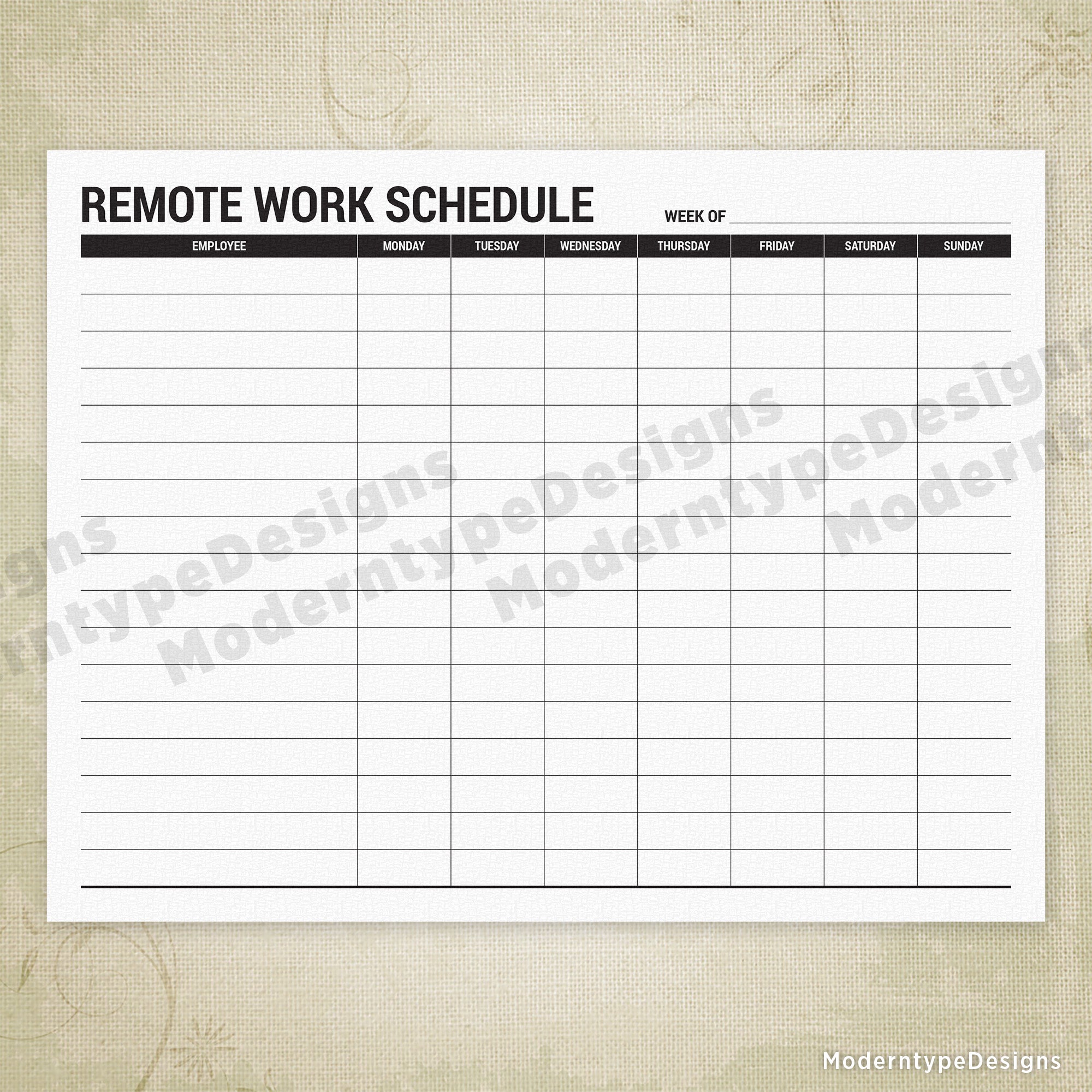 Employee Remote Work Schedule Printable Form (Monday - Sunday)