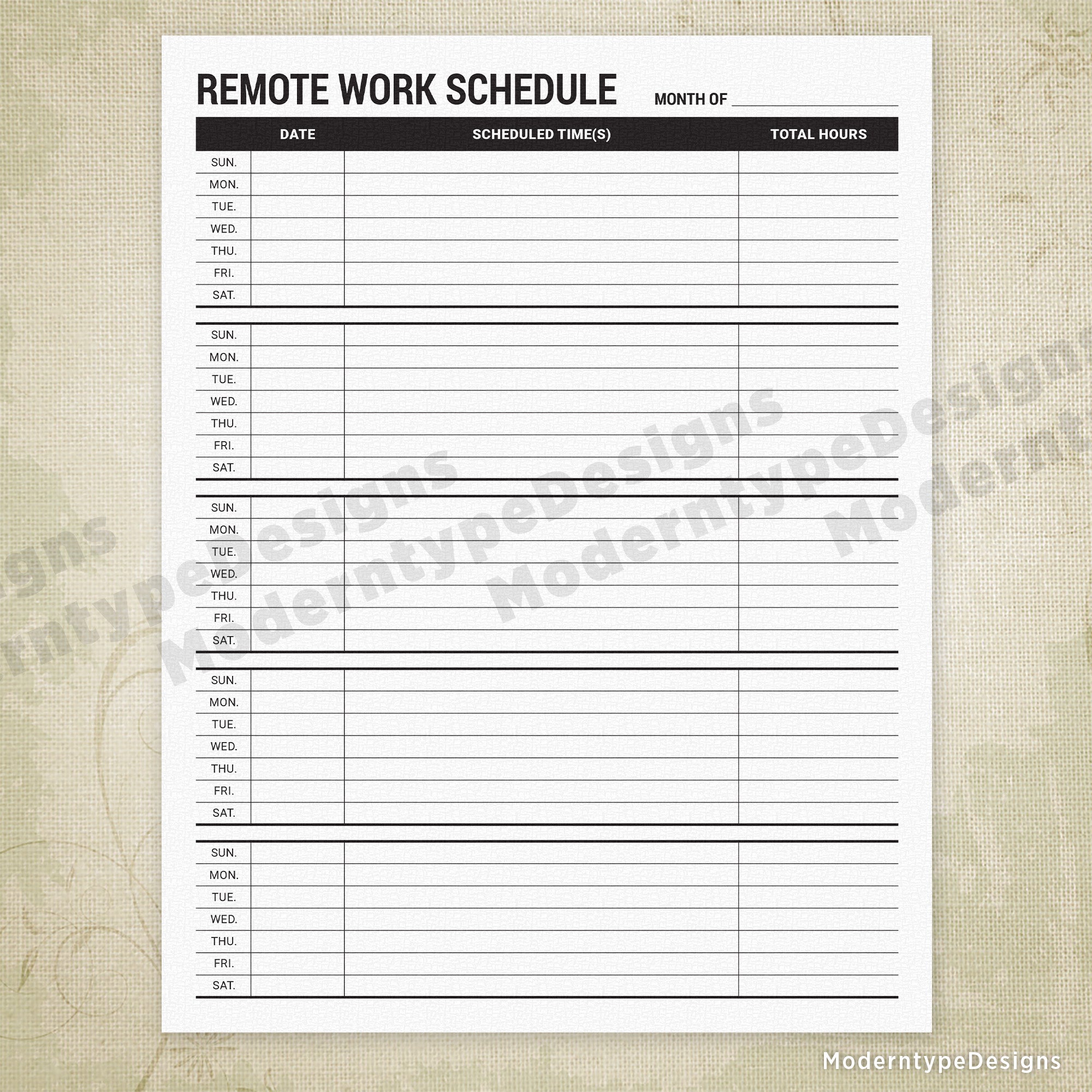 Employee Remote Work Schedule Printable Form (Sunday - Saturday)