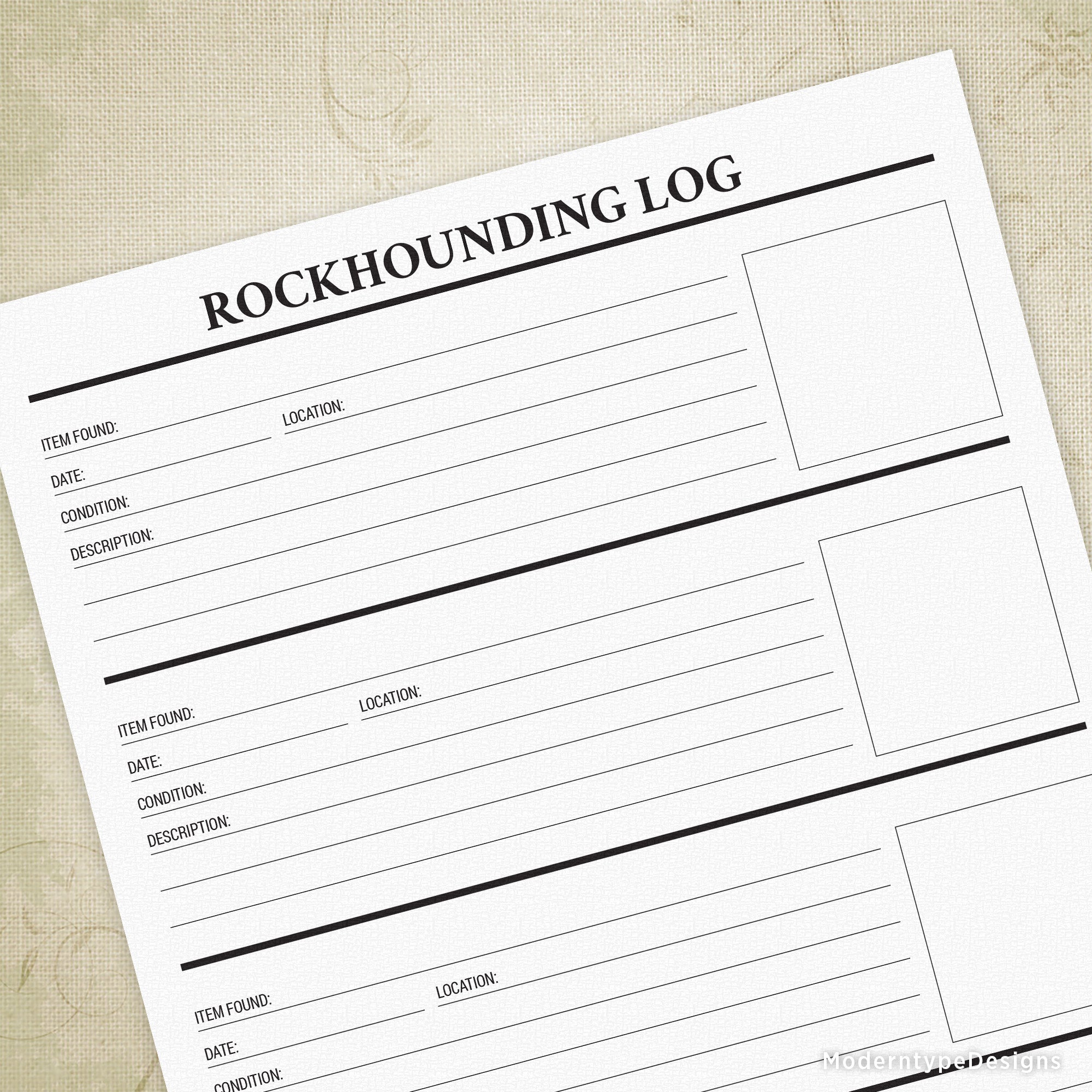 A photo of a printable rockhounding log sheet with fields for recording date, location, and details of rock findings.