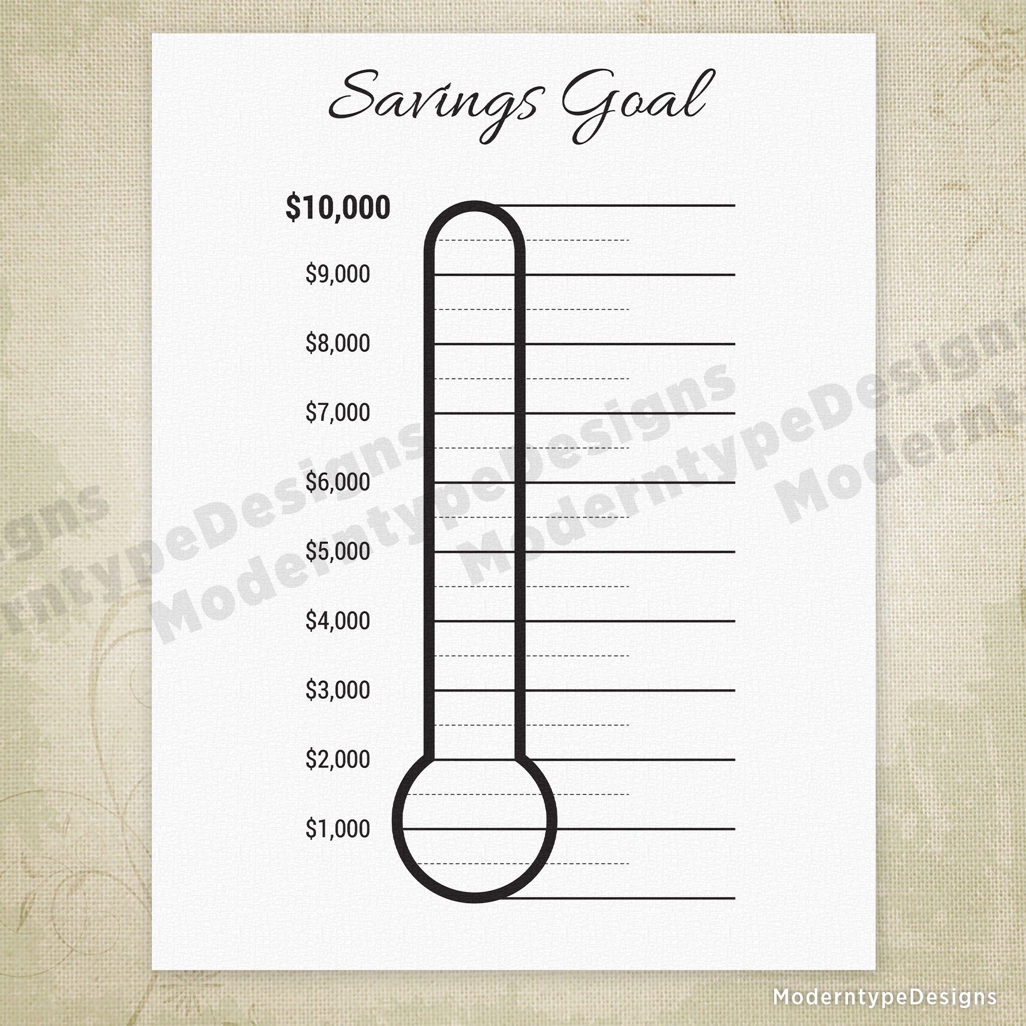 Track your progress toward a $10,000 financial goal with this clear and motivating Savings Goal Printable PDF. Designed as a thermometer chart, it visually represents your savings growth, helping you stay organized and focused on your financial target.