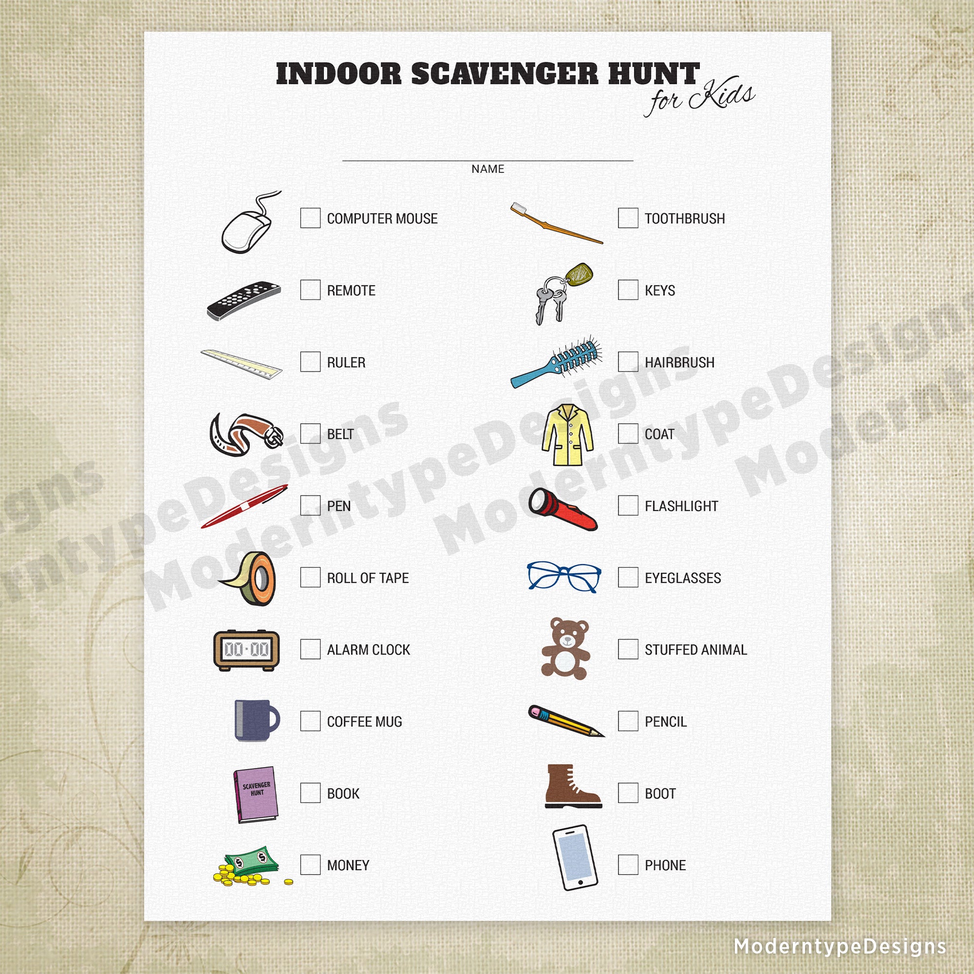 Indoor Scavenger Hunt Printable
