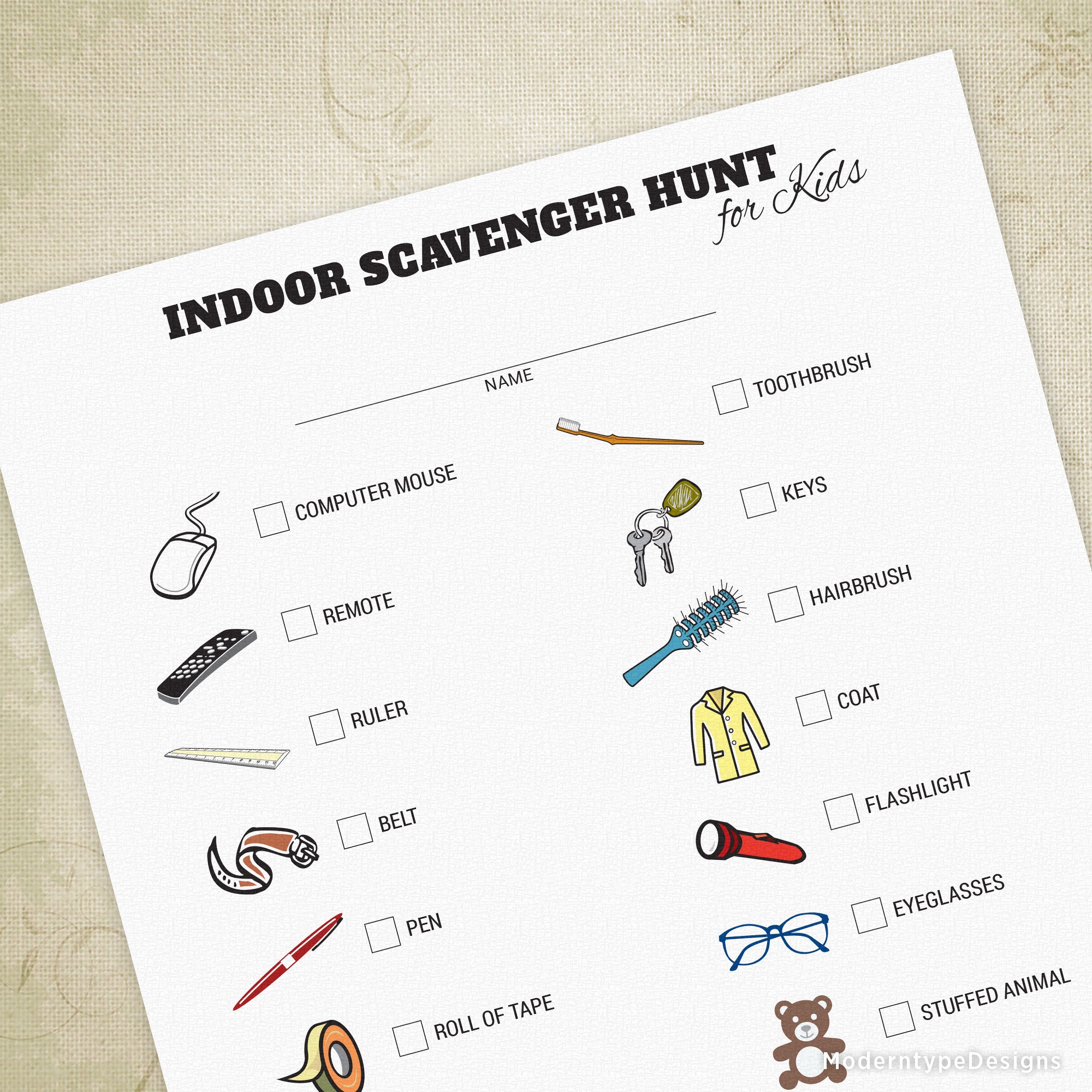 Engage your young kids and toddlers in an exciting adventure with our Indoor Scavenger Hunt Printable PDF. This activity is perfect for family night and encourages children to hone their find-it skills.