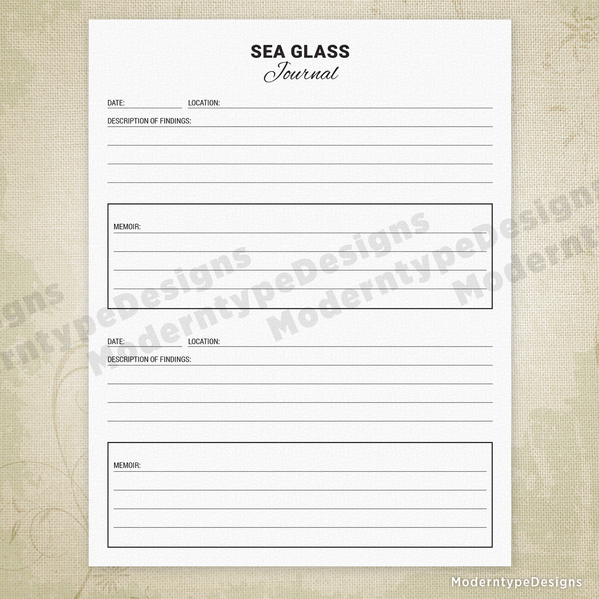 Sea Glass Journal Printable, 2 Entries