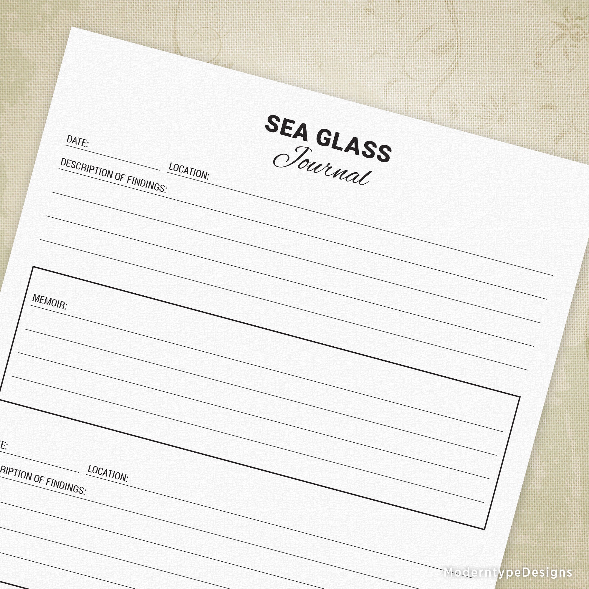 A printed Sea Glass Journal entry form with fields for date, description, and location, placed on a textured background.