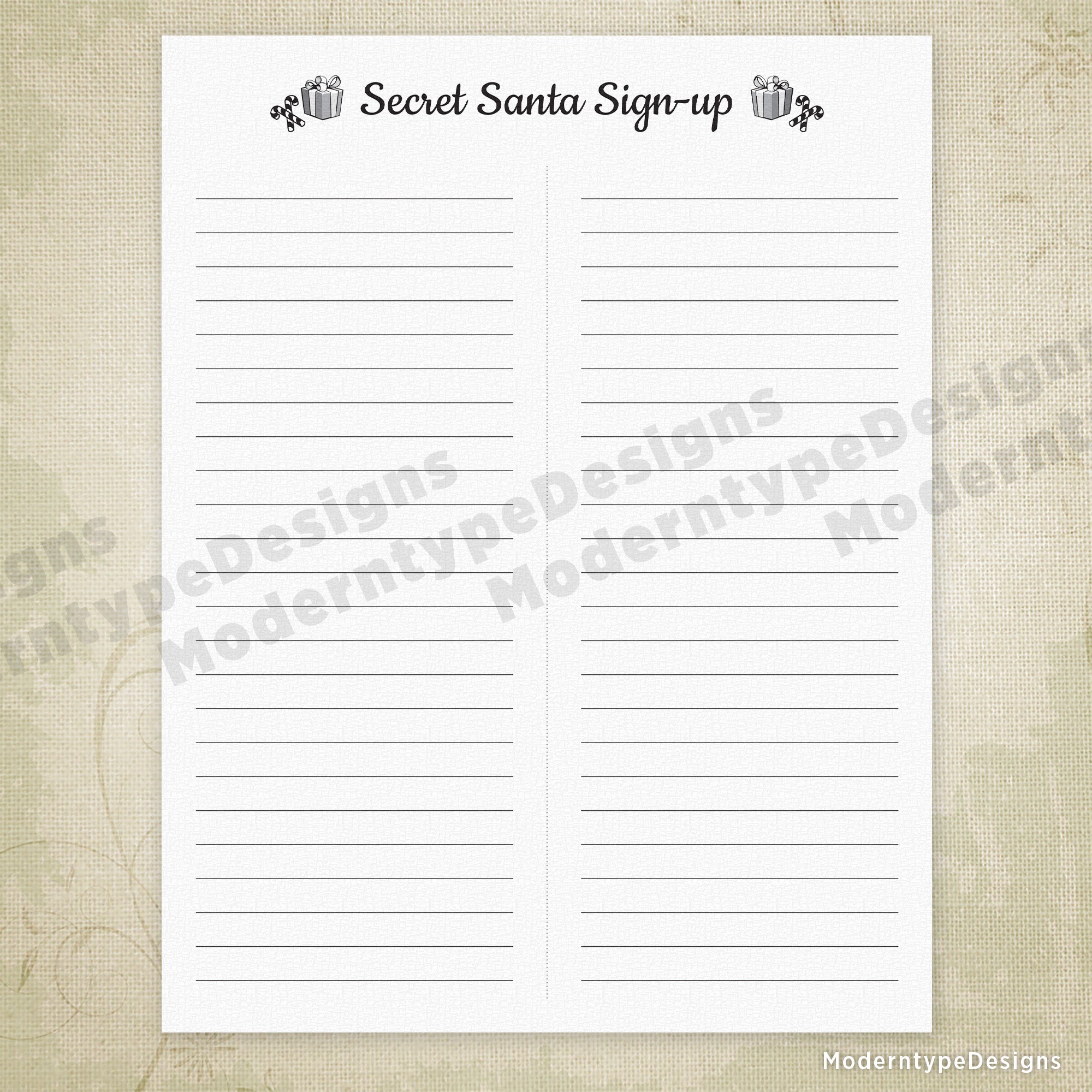 Streamline your office Secret Santa exchange with this ready-to-print Secret Santa Sign-up Printable Form PDF. Designed to accommodate large groups, simply download, print, and distribute to your team.