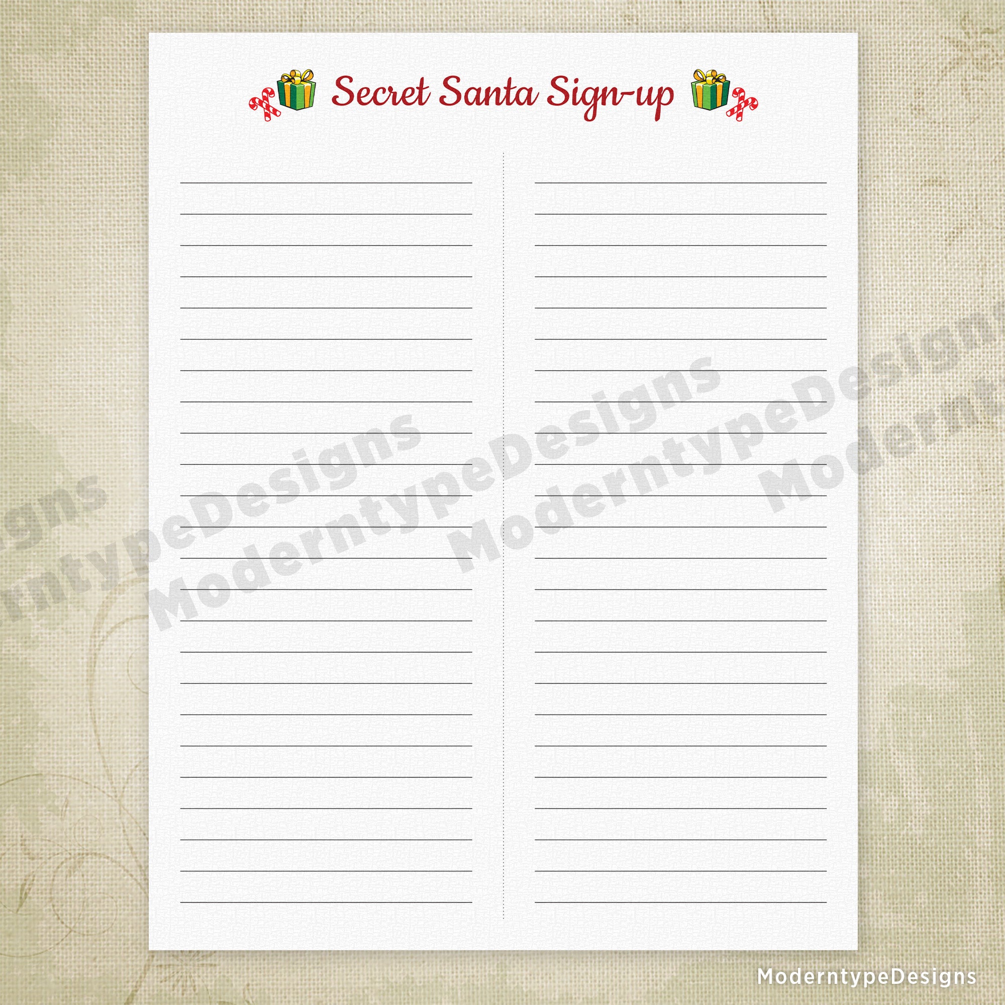 Streamline your office Secret Santa exchange with this ready-to-print Secret Santa Sign-up Printable Form PDF. Designed to accommodate large groups, simply download, print, and distribute to your team.