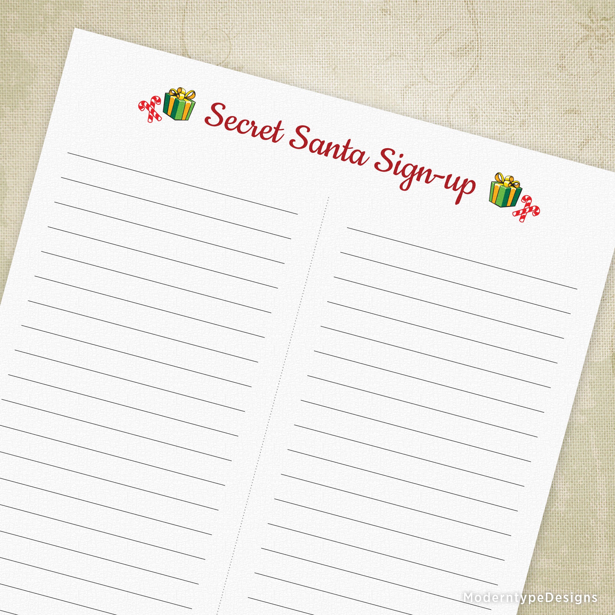 Streamline your office Secret Santa exchange with this ready-to-print Secret Santa Sign-up Printable Form PDF. Designed to accommodate large groups, simply download, print, and distribute to your team.