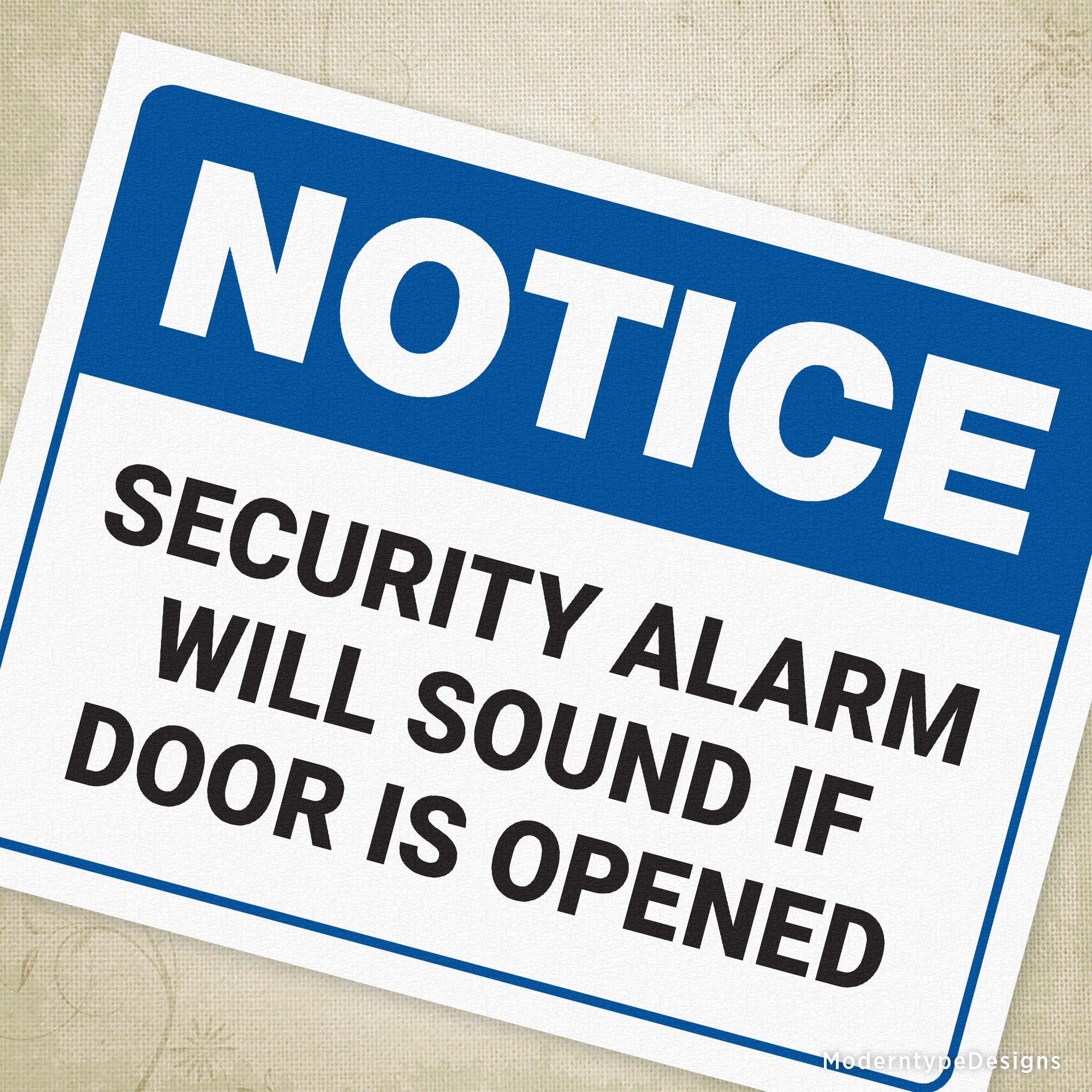 This is a US letter-sized PDF (Notice) Security Alarm Will Sound if Door is Opened Sign