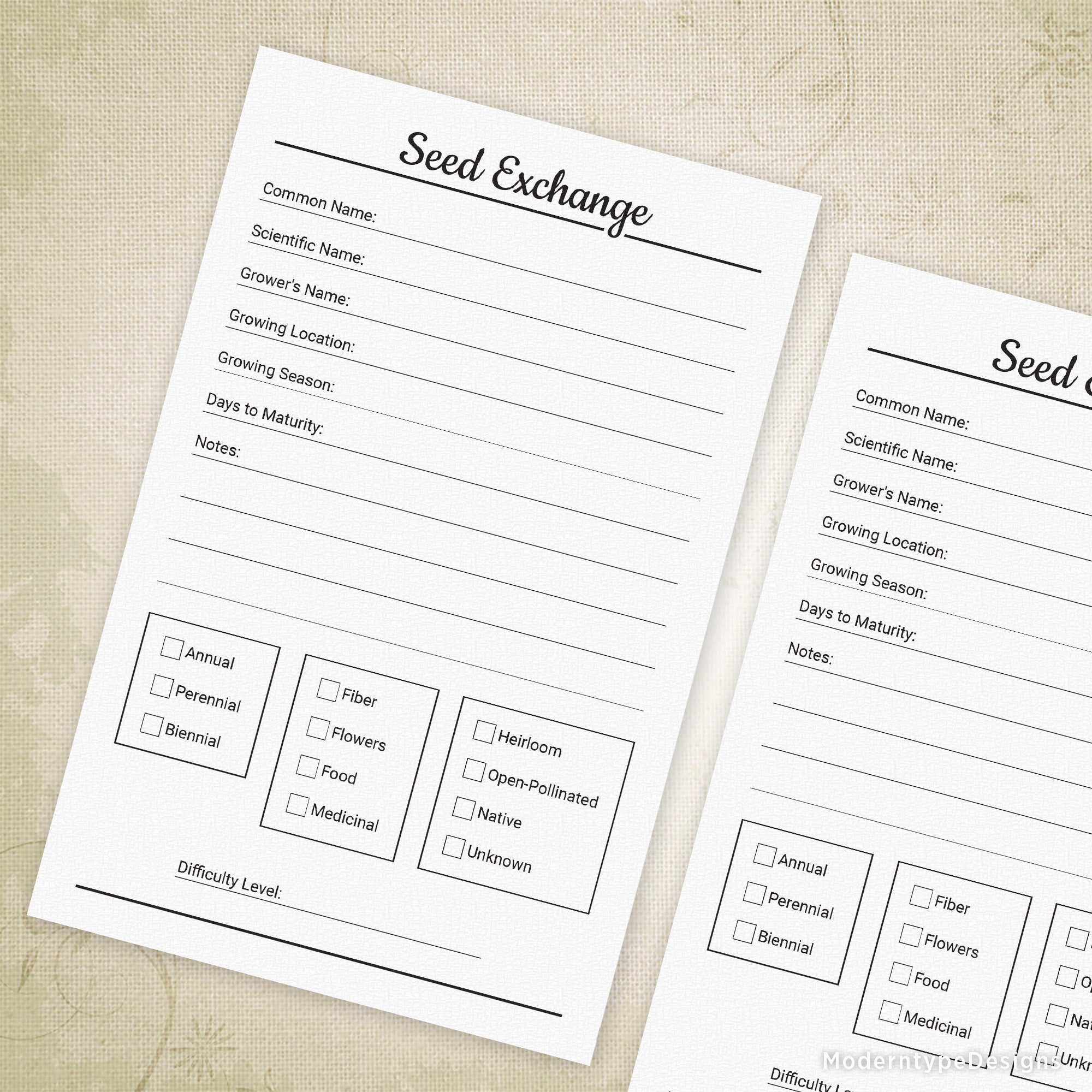 This Seed Exchange Printable PDF is designed at 5.5 x 8.5 inches, perfectly sized as a half sheet for easy handling. It features structured lines to record essential details such as scientific name, growing season, and difficulty level, helping gardeners keep their seed swaps organized and efficient. Contains small crop marks for easy cutting.
