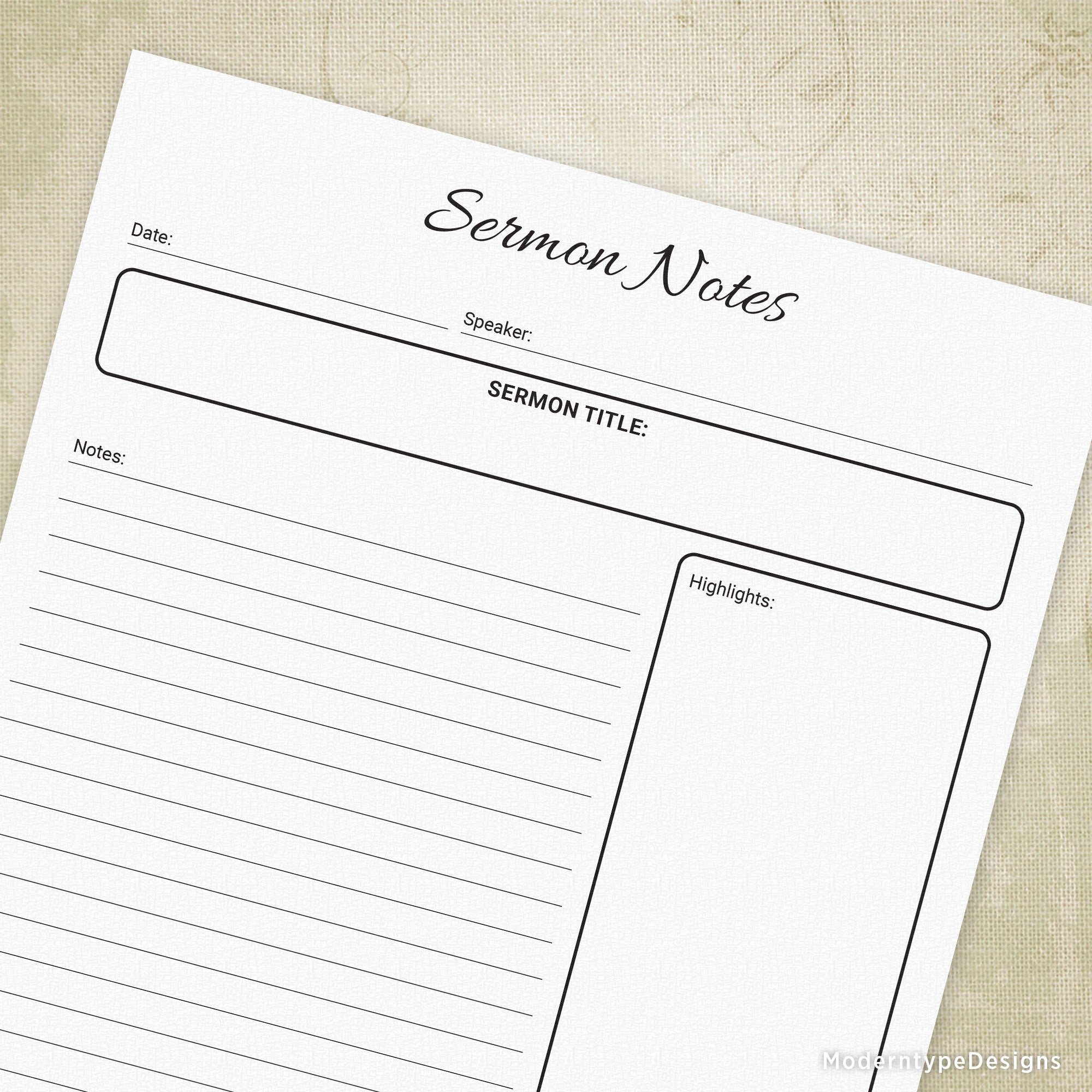 A printable sermon notes template with sections for title, speaker, topic, and additional notes, labeled 'SERMON NOTES' at the top.