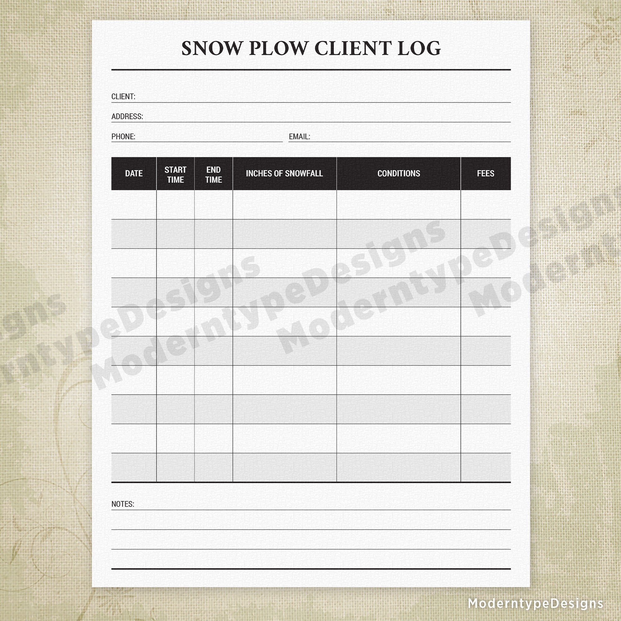Snow Plow Client Log Printable
