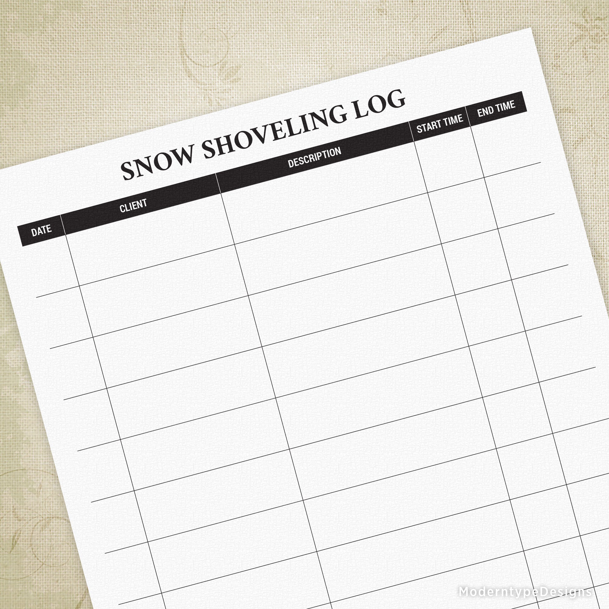 A printed snow shoveling log with columns for date, client, description, start time, and end time, placed on a textured background.