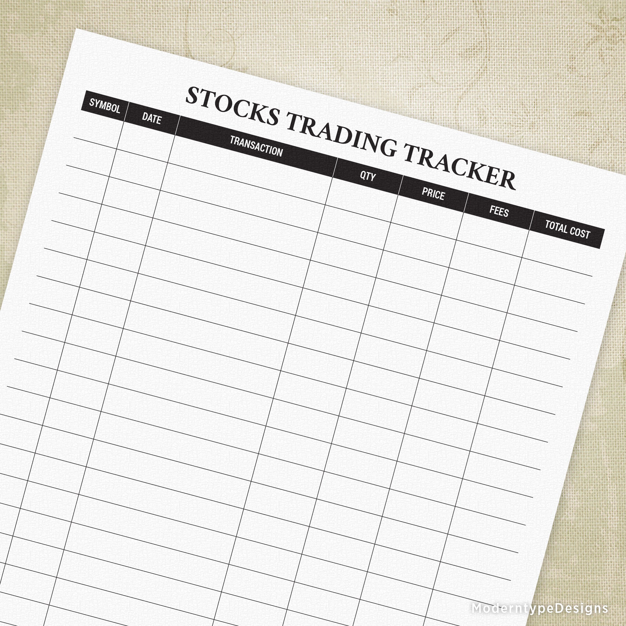 Effortlessly track your stocks with our Stocks Trading Tracker Printable PDF. Keep record of when you buy and sell, ensuring accurate portfolio management. Available for immediate download.
