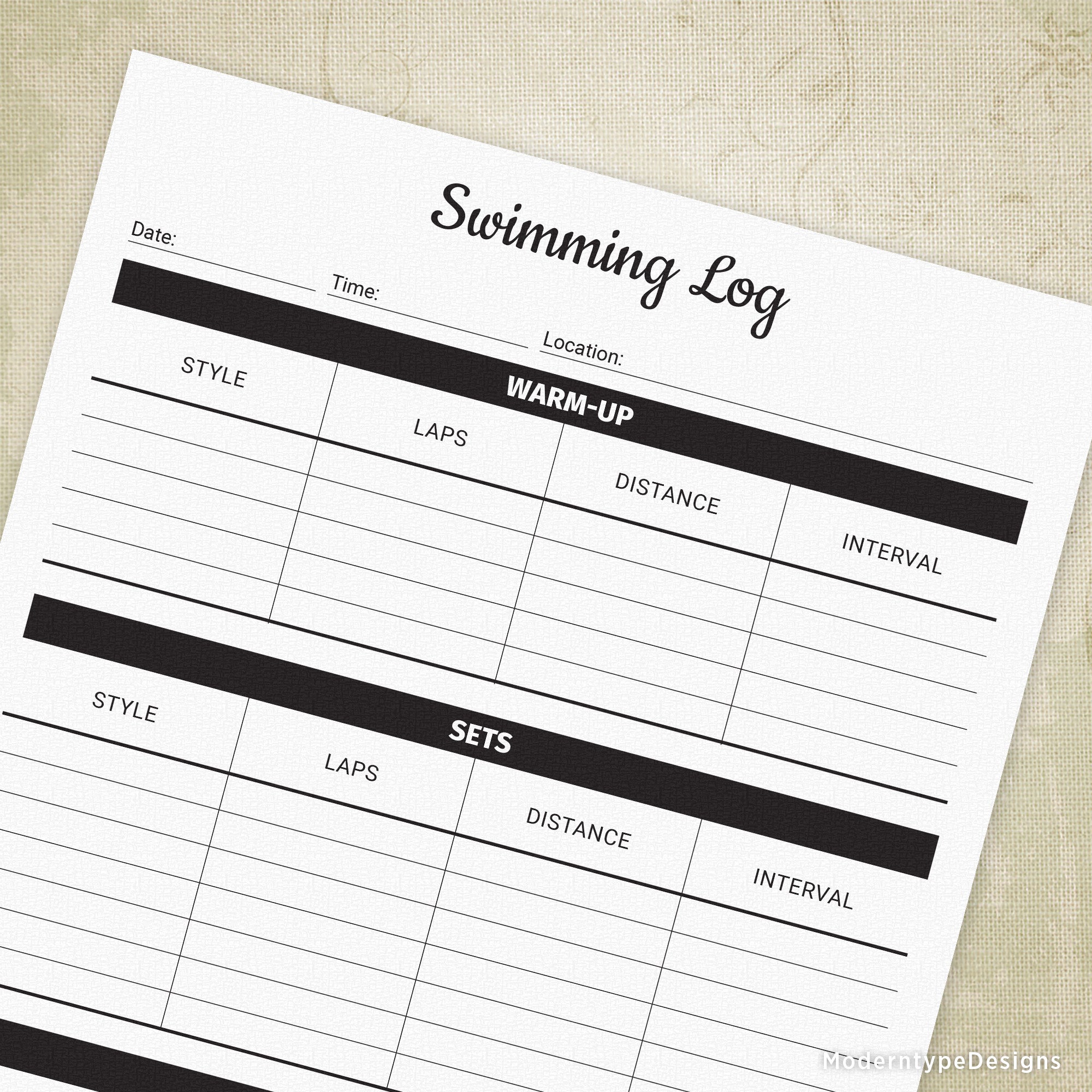 A printable swimming log form with fields for tracking swimming laps, distances, warm-ups, cool-downs, style, sets, and intermediate times.