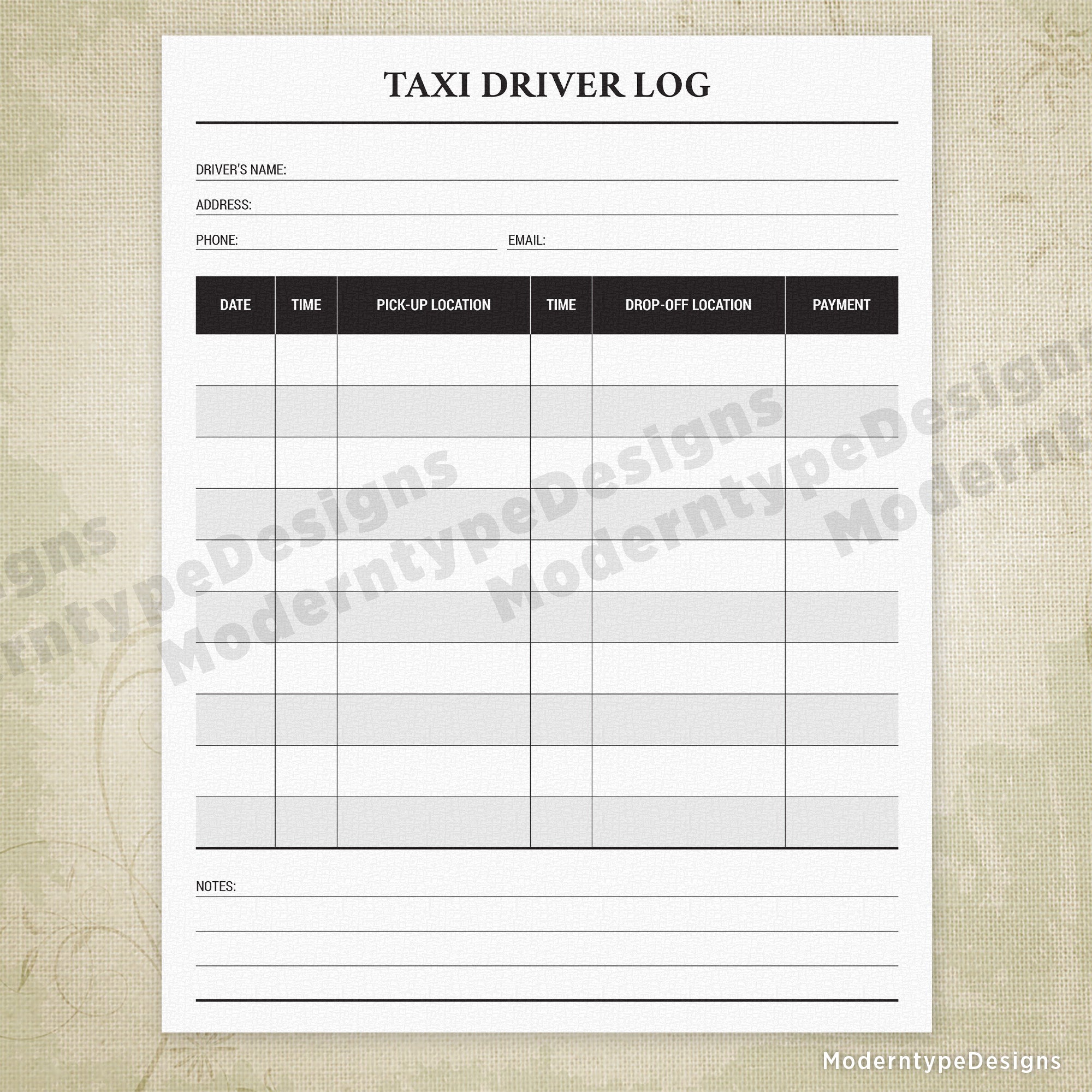 Taxi Driver Log Printable