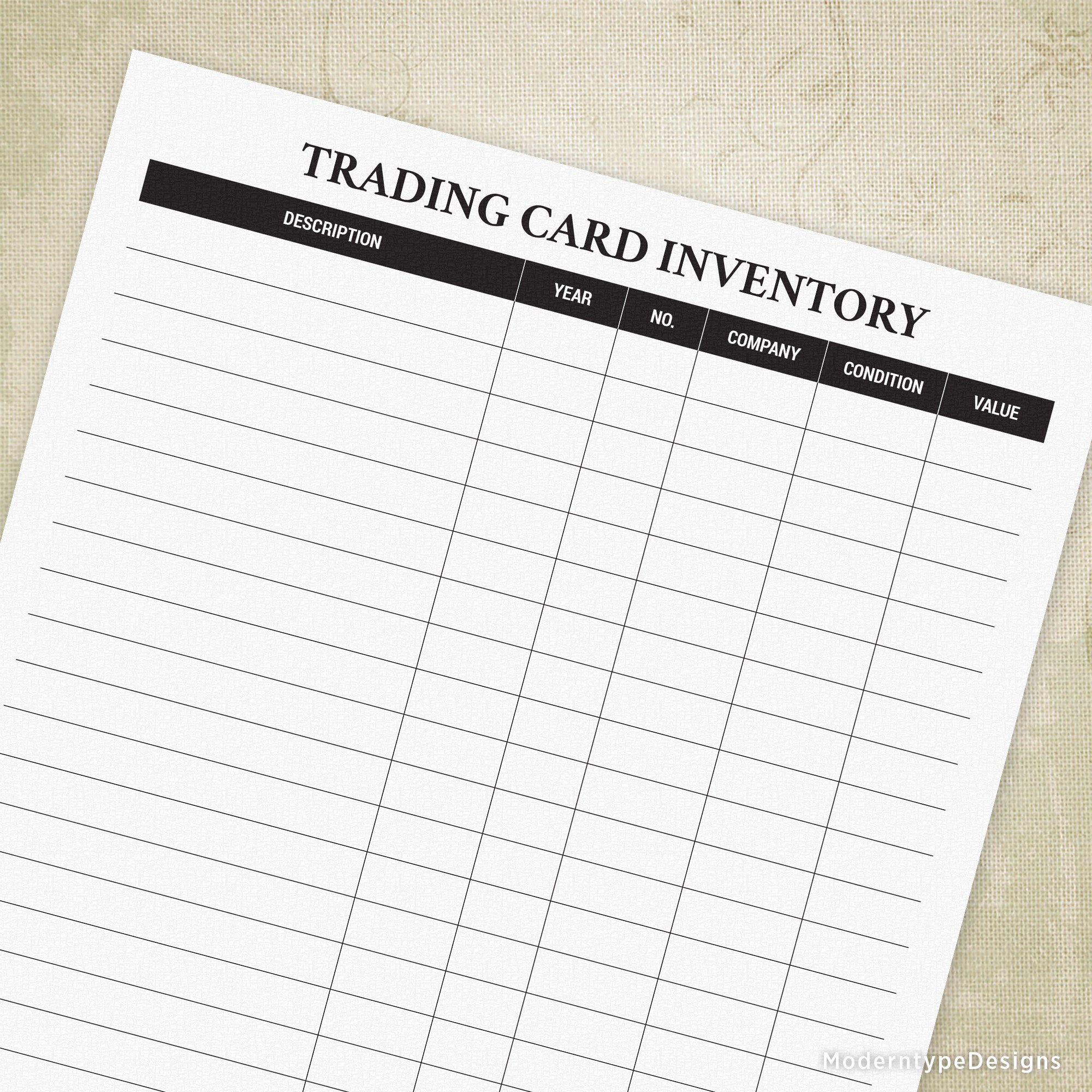 A printable Trading Card Inventory form with fields for logging card numbers, athletes, and card conditions.
