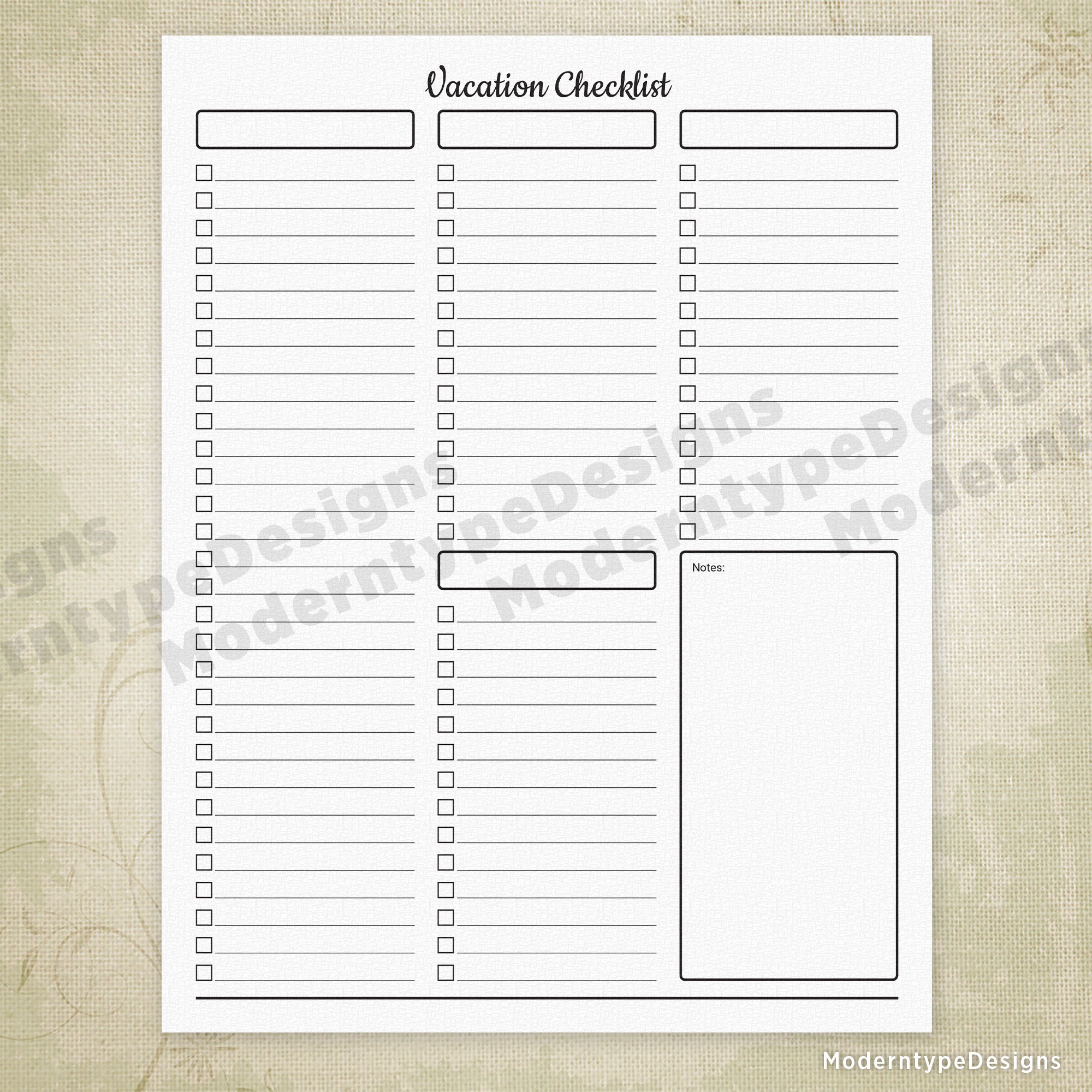 Vacation Checklist Planner Printable