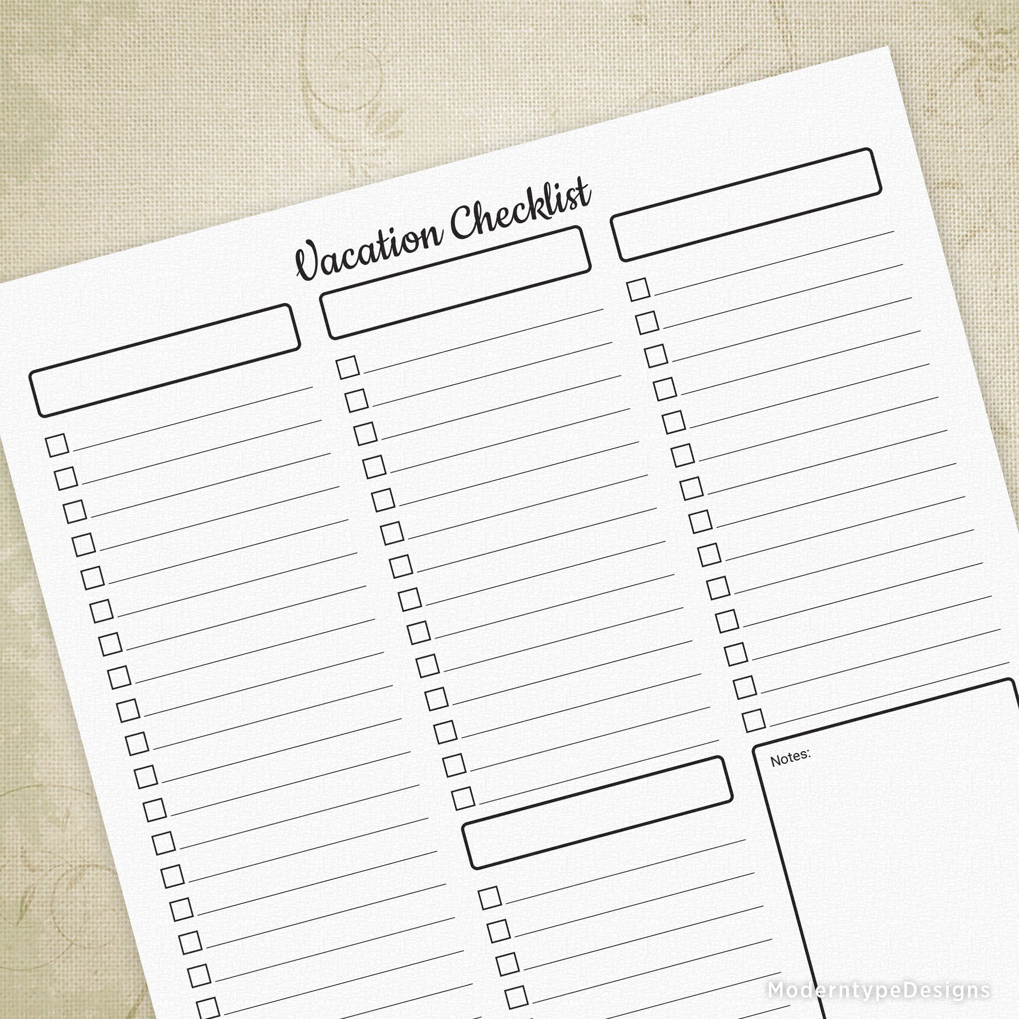 Effortlessly keep track of all the items and events you want to include in your next trip with our Vacation Checklist Planner Printable PDF. This easy-to-use printable allows you to stay organized and stress-free while planning your vacation.