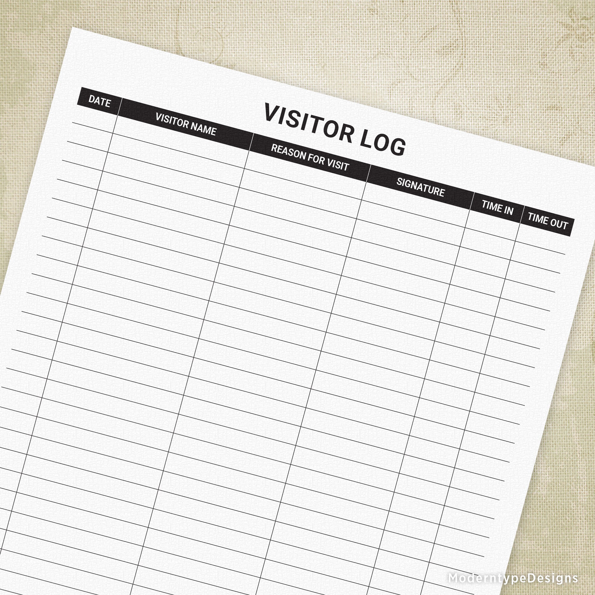 A printable visitor log form with fields for name, date, signature, and time. The form is designed for visitors to sign in and out, with black content and white margins.