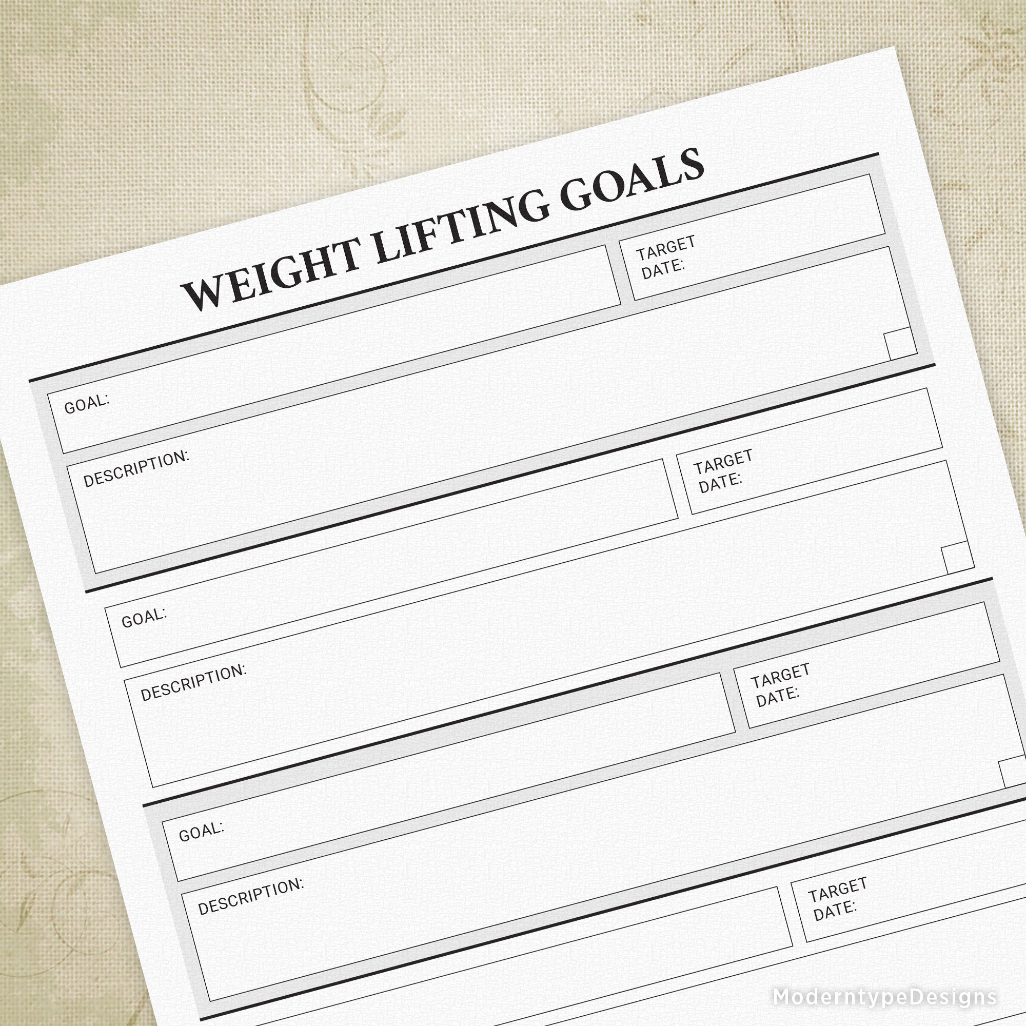 A preview of a printable PDF titled 'Weight Lifting Goals' with structured sections for setting lifting goals, including spaces for goal description and target dates.